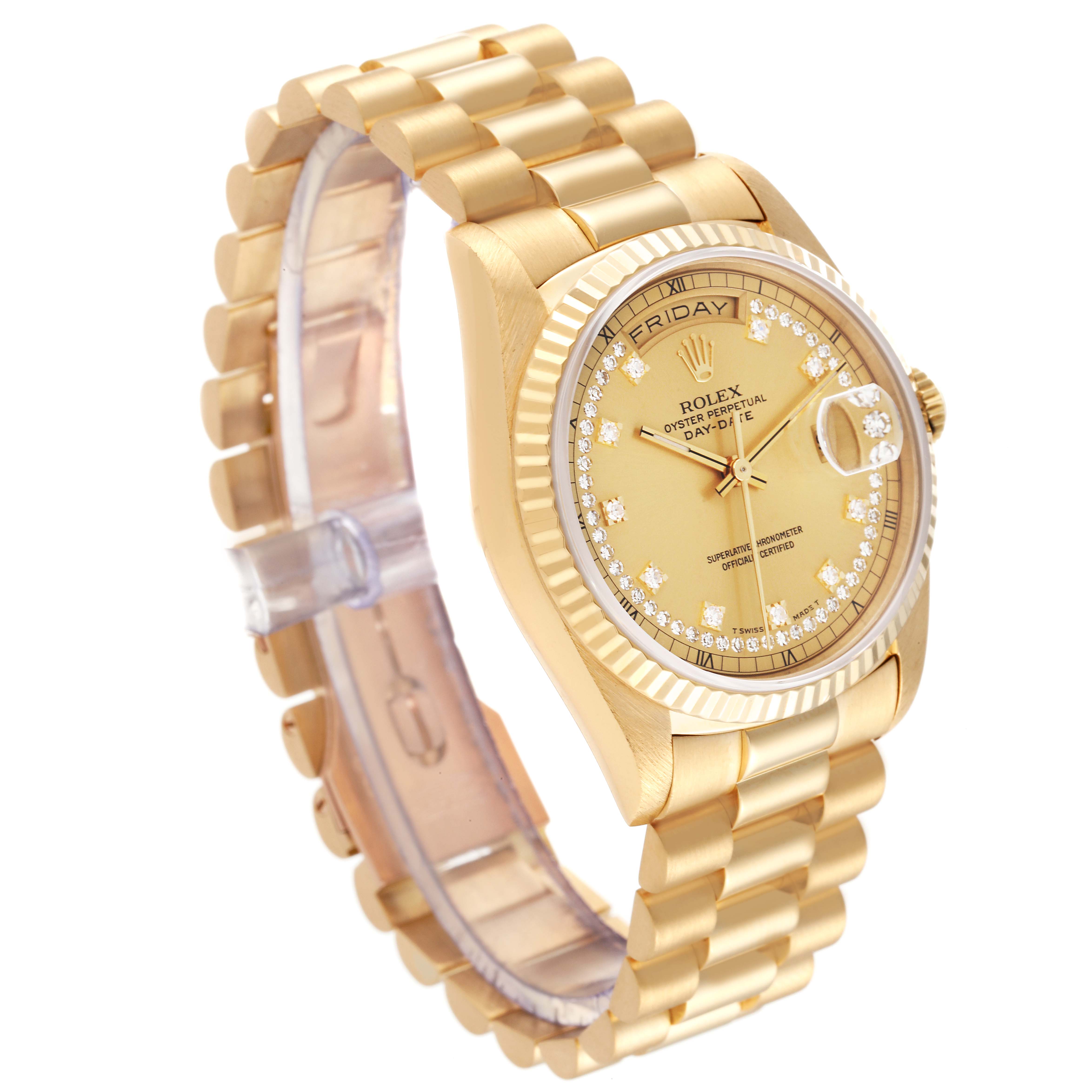This Rolex President 18238 Men
s Yellow Gold Champagne Dial 18238 Men
s Yellow Gold Champagne Dial model watch is shown at a slight angle, displaying its golden bracelet, fluted bezel, and diamond-set dial.
