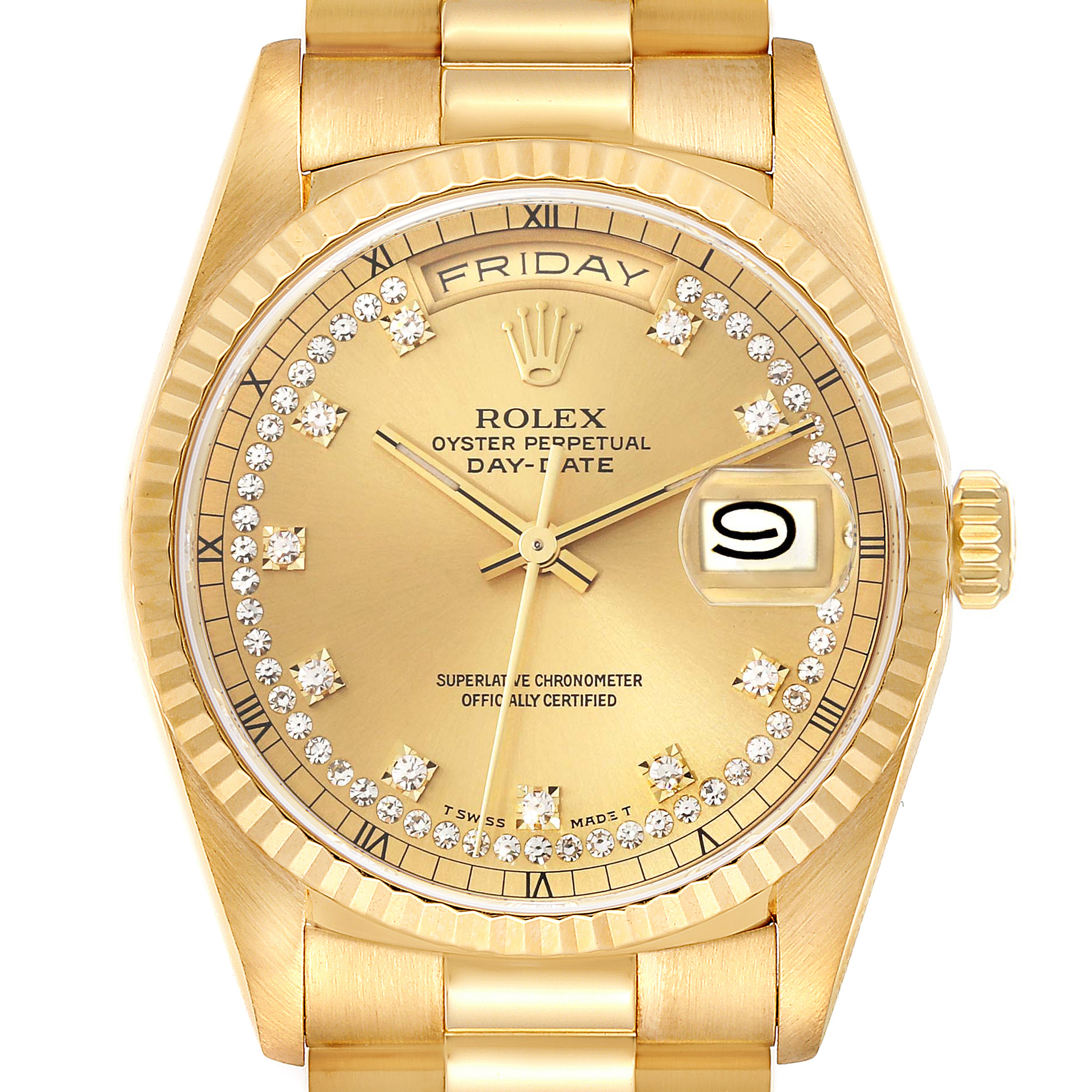 The image shows a Rolex President 18238 Men
s Yellow Gold Champagne Dial 18238 Men
s Yellow Gold Champagne Dial model watch from a frontal angle, highlighting its dial, day, date, and bracelet.