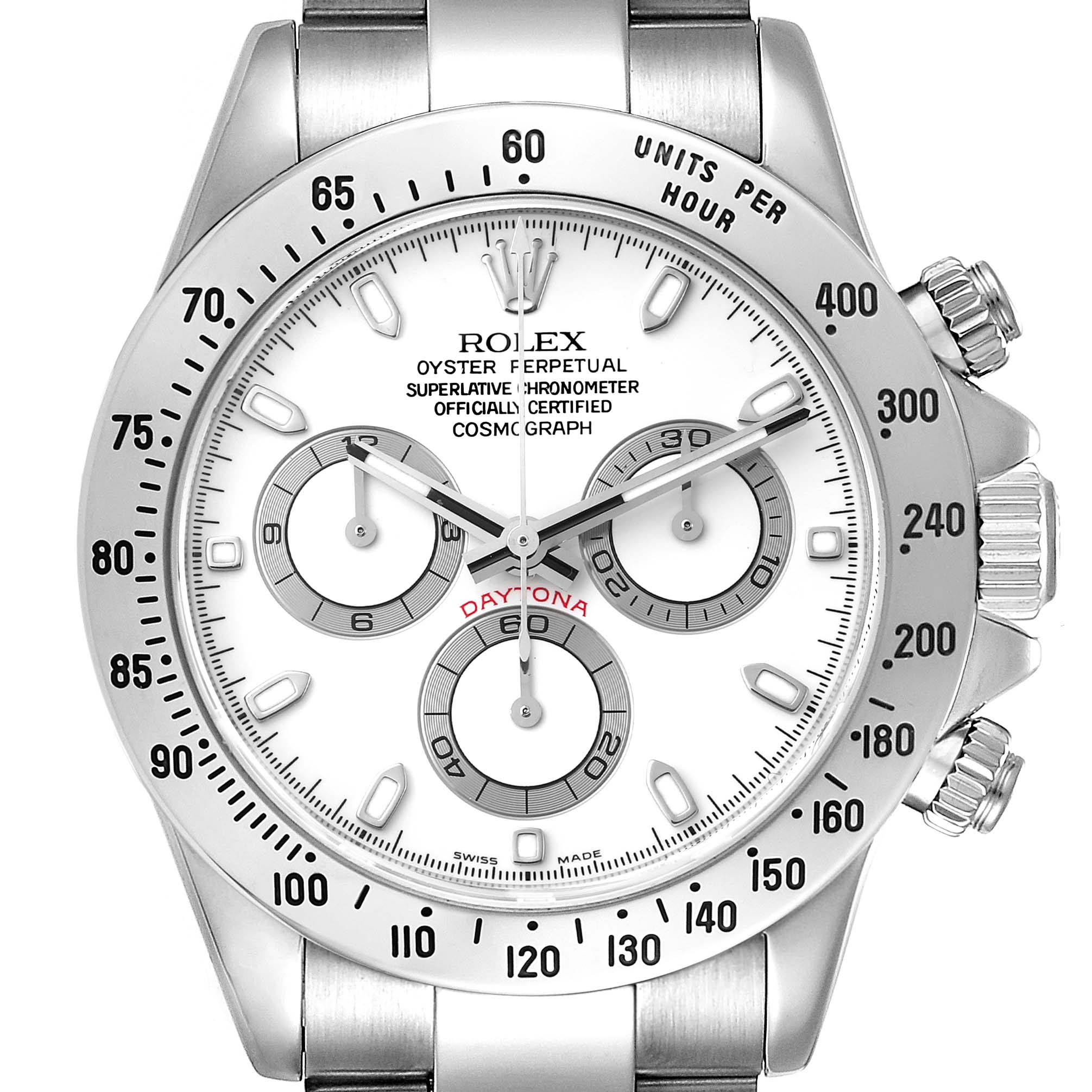 This Rolex Daytona 116520 Men's Stainless Steel White Dial 116520 Men's Stainless Steel White Dial watch is shown from the front, highlighting its white dial, stainless steel case, and chronograph functions.