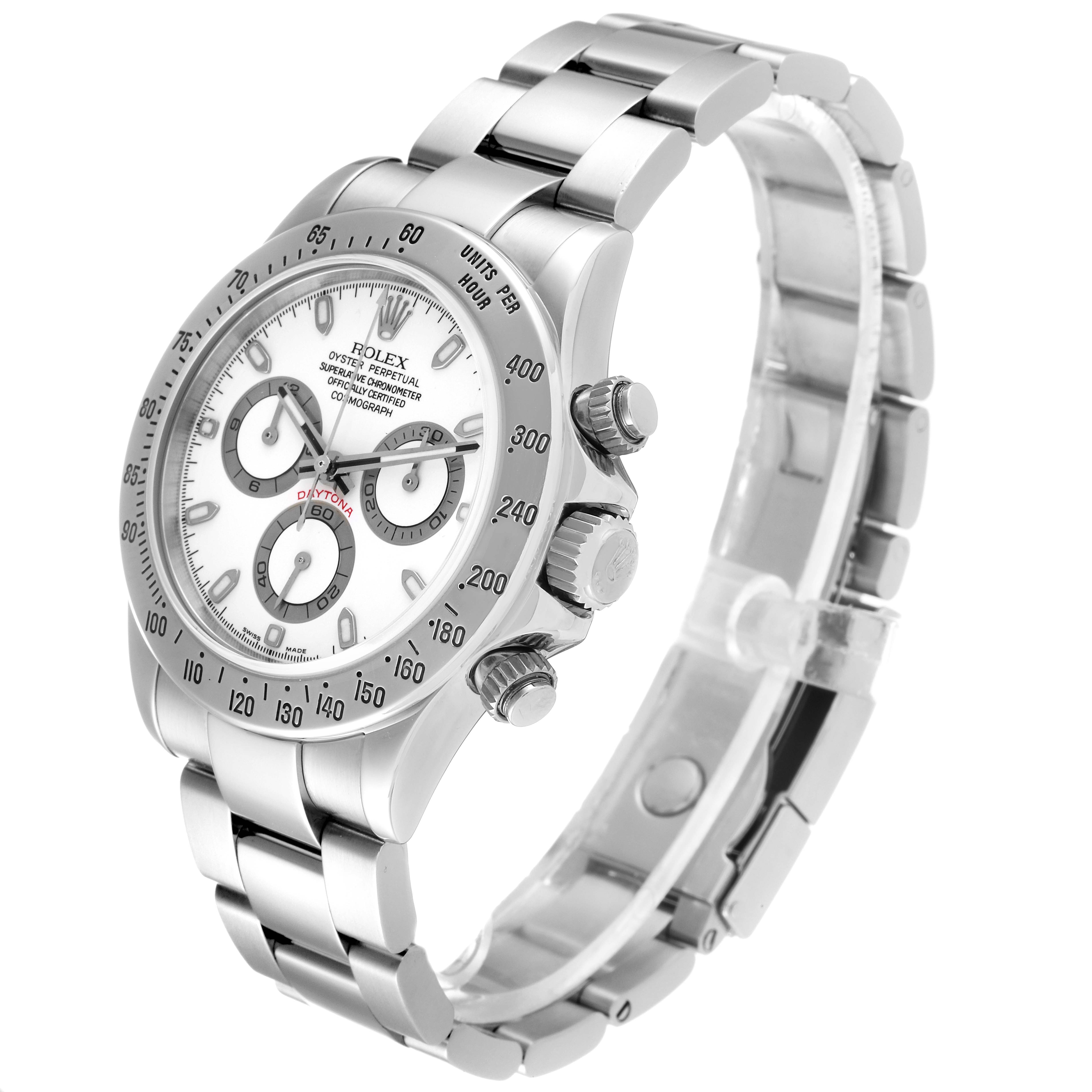 The image shows a side angle of a Rolex Daytona 116520 Men's Stainless Steel White Dial 116520 Men's Stainless Steel White Dial watch, highlighting the bracelet, bezel, crown, and sub-dials.