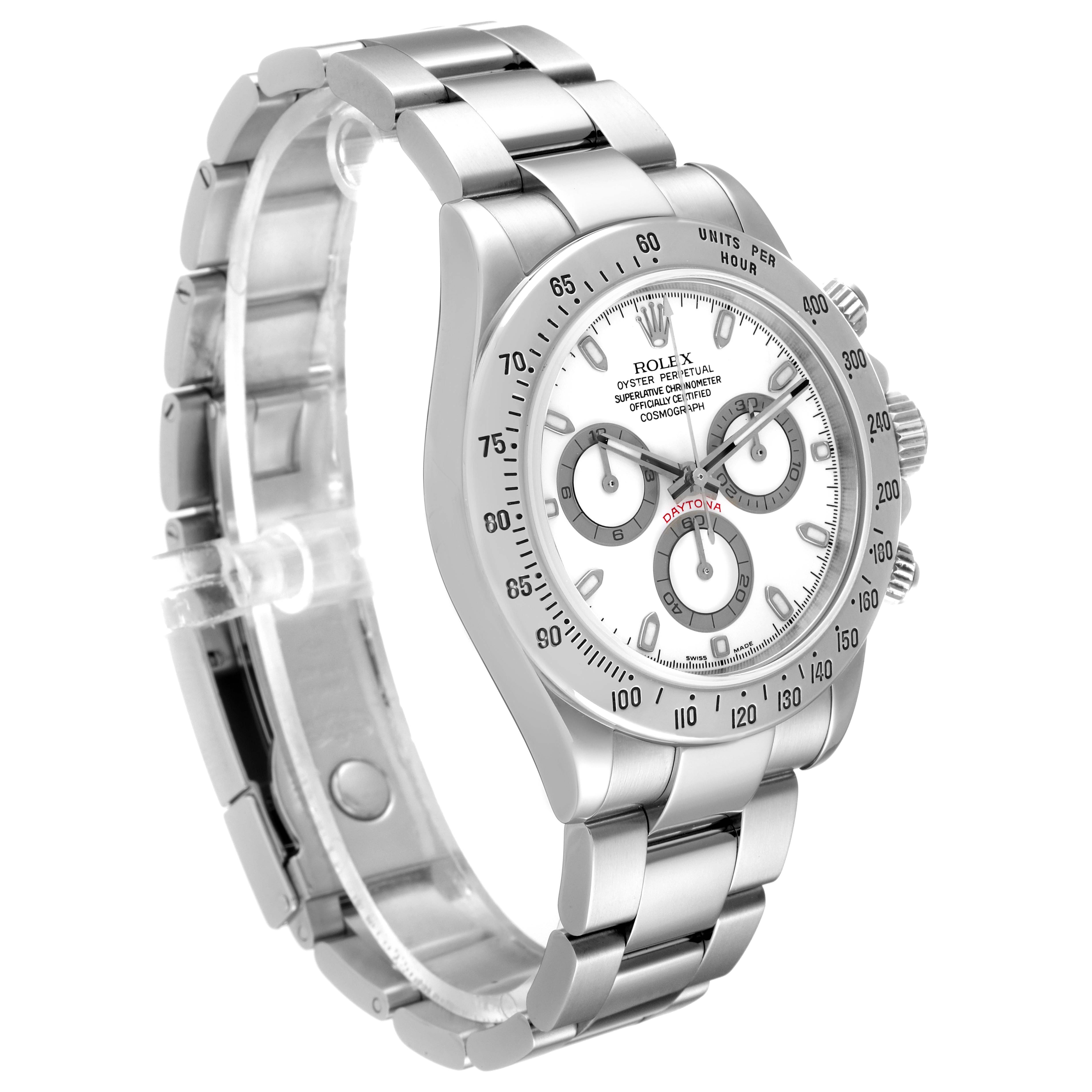 This image shows a side-angle view of a Rolex Daytona 116520 Men's Stainless Steel White Dial 116520 Men's Stainless Steel White Dial watch, highlighting its bracelet, dial, and bezel.