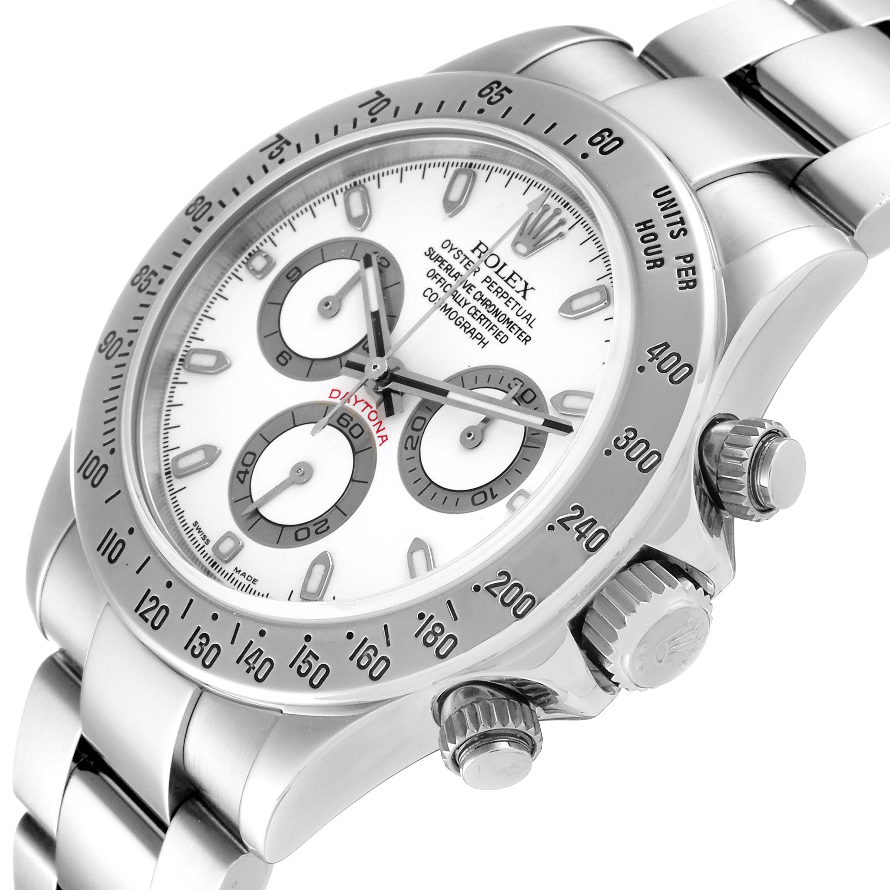The image shows a close-up side angle of the Rolex Daytona 116520 Men's Stainless Steel White Dial 116520 Men's Stainless Steel White Dial watch, highlighting its dial, crown, and bezel.