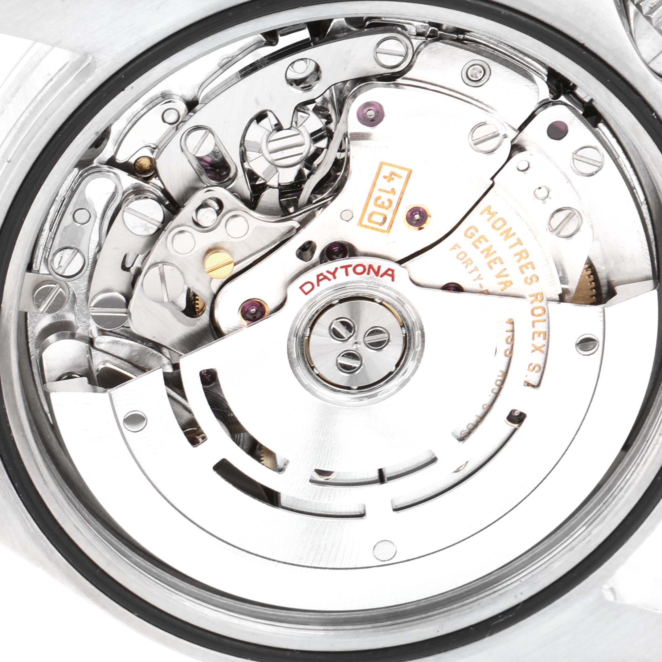 This image shows the intricate inner mechanical workings and movement of a Rolex Daytona 116520 Men's Stainless Steel White Dial 116520 Men's Stainless Steel White Dial watch.