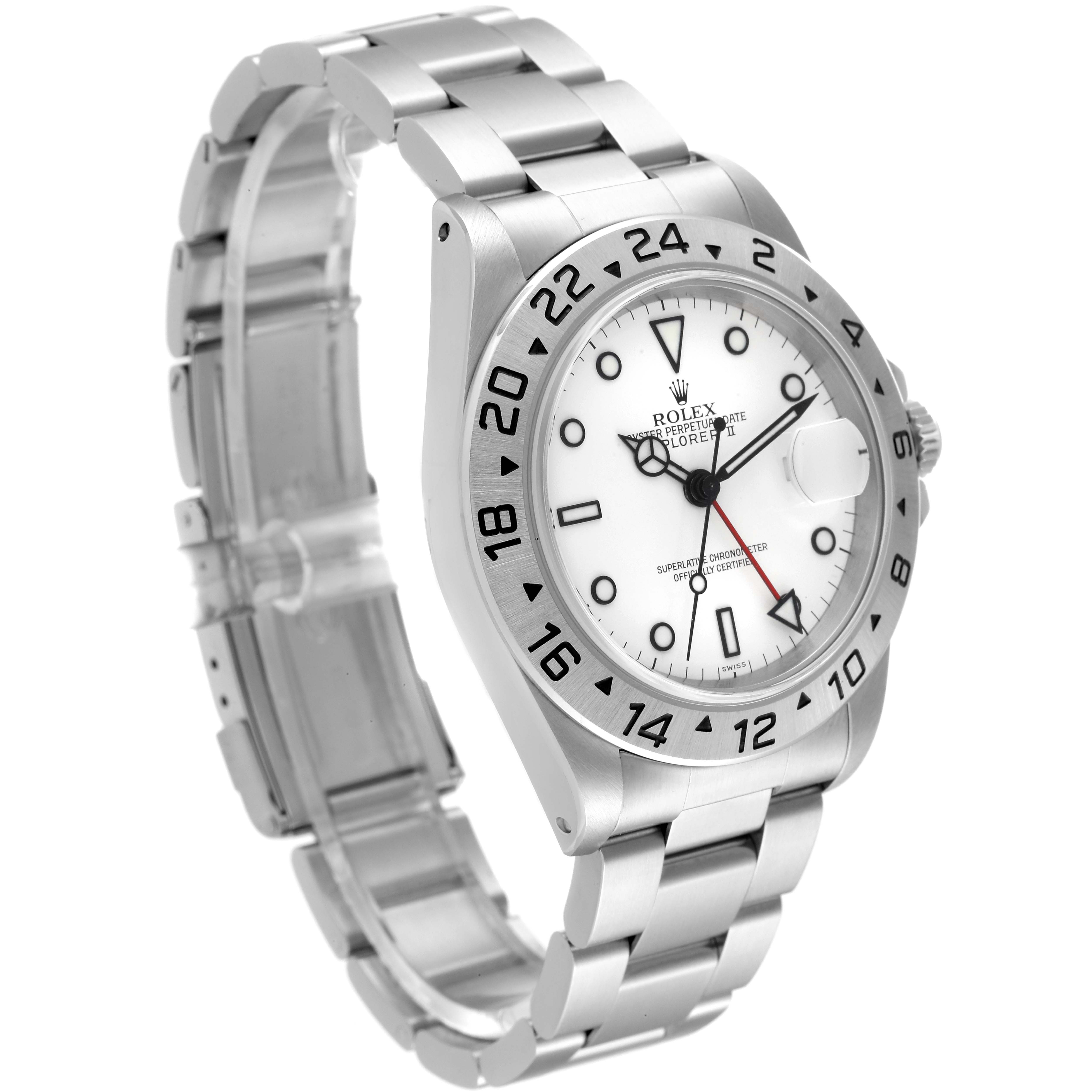 The image shows a side view of a Rolex Explorer 16570 Men's Stainless Steel White Dial 16570 Men's Stainless Steel White Dial watch, highlighting its bracelet, bezel, dial, and hands.