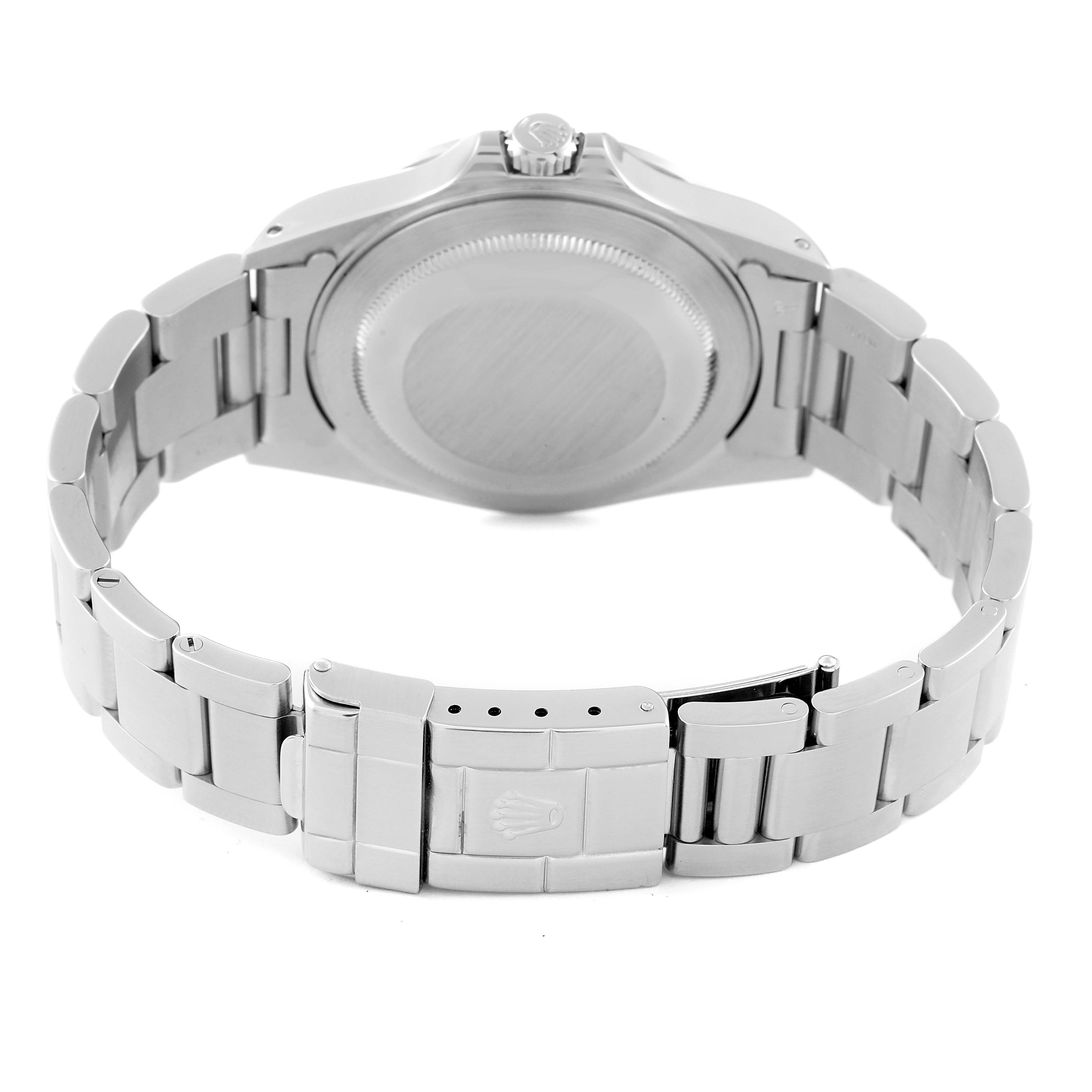 The image shows the back and bracelet of a Rolex Explorer 16570 Men's Stainless Steel White Dial 16570 Men's Stainless Steel White Dial model watch from a rear angle.