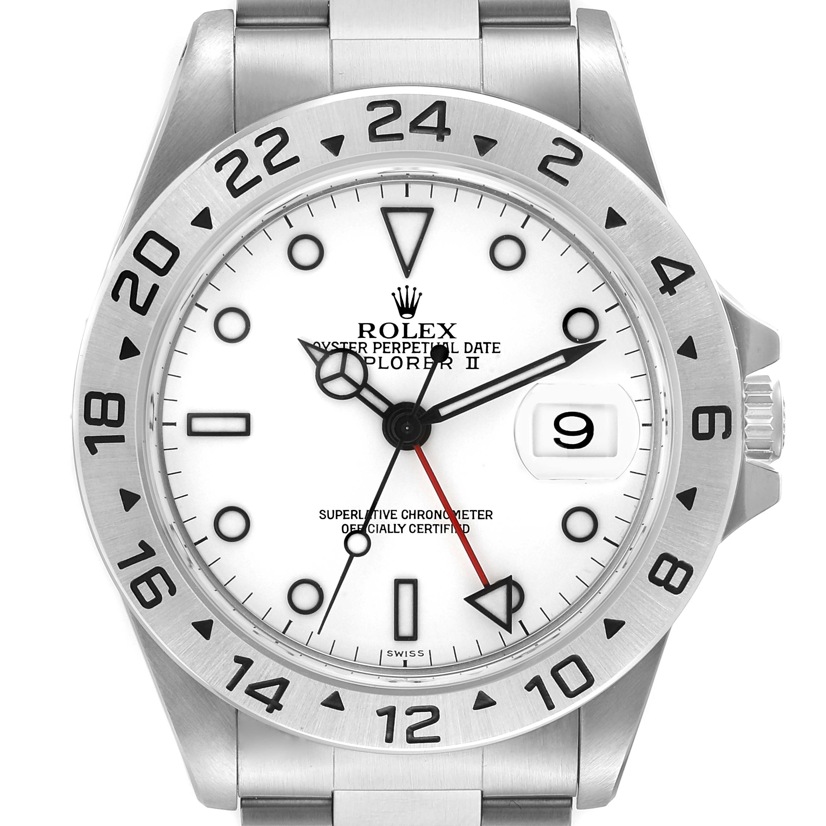 The Rolex Explorer 16570 Men's Stainless Steel White Dial 16570 Men's Stainless Steel White Dial watch is shown from a front angle, displaying the dial, bezel, bracelet, and crown.