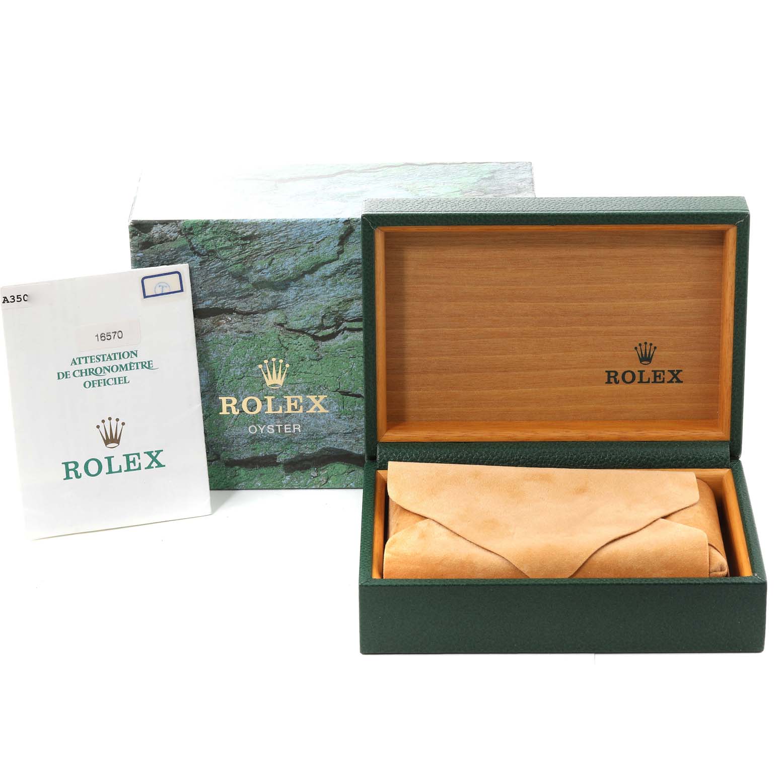 The image shows the open box and official certificate for the Rolex Explorer 16570 Men's Stainless Steel White Dial 16570 Men's Stainless Steel White Dial model watch, with the box cover in the background.