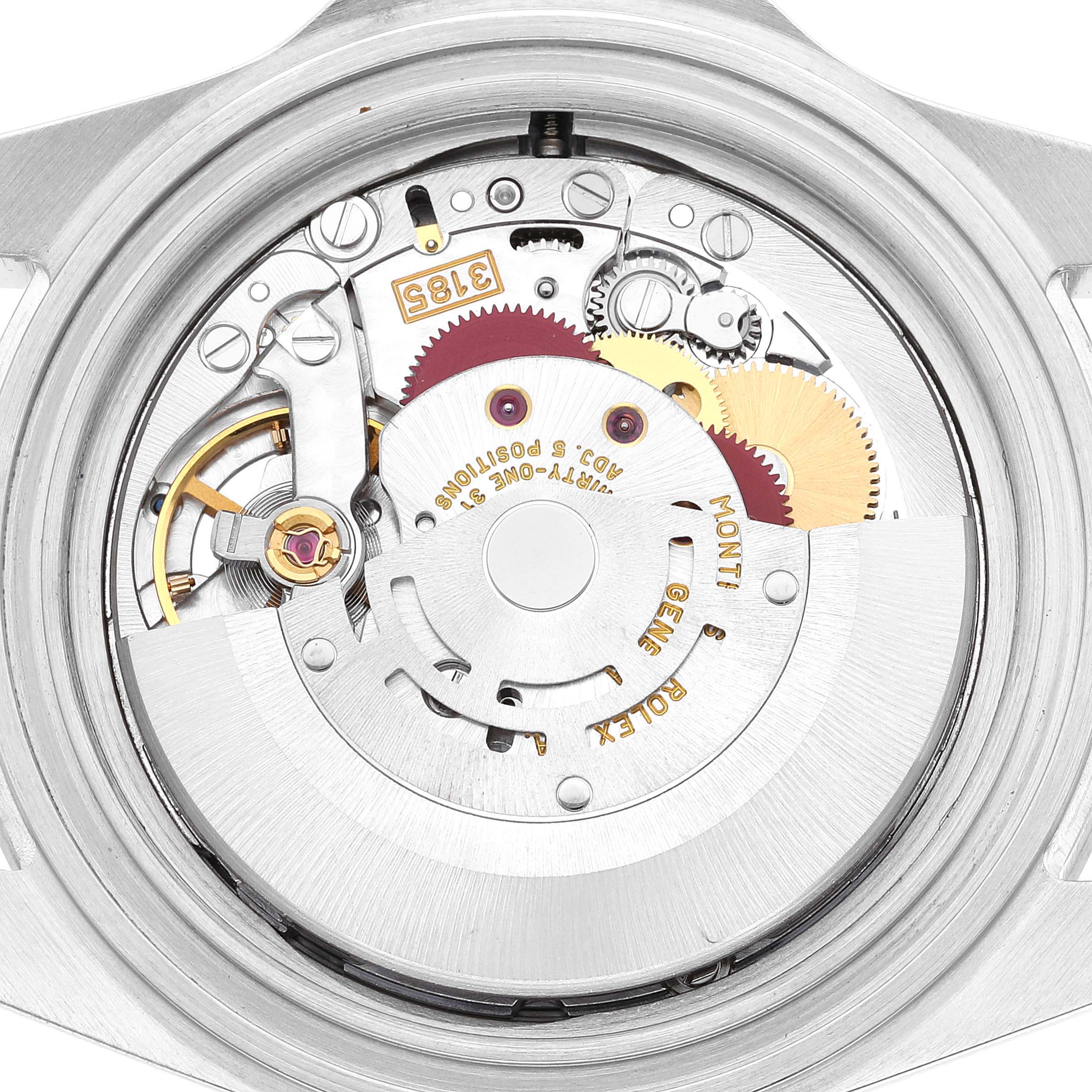 The image shows the Rolex Explorer 16570 Men's Stainless Steel White Dial 16570 Men's Stainless Steel White Dial's movement from a top-down view, highlighting its internal mechanism and components.