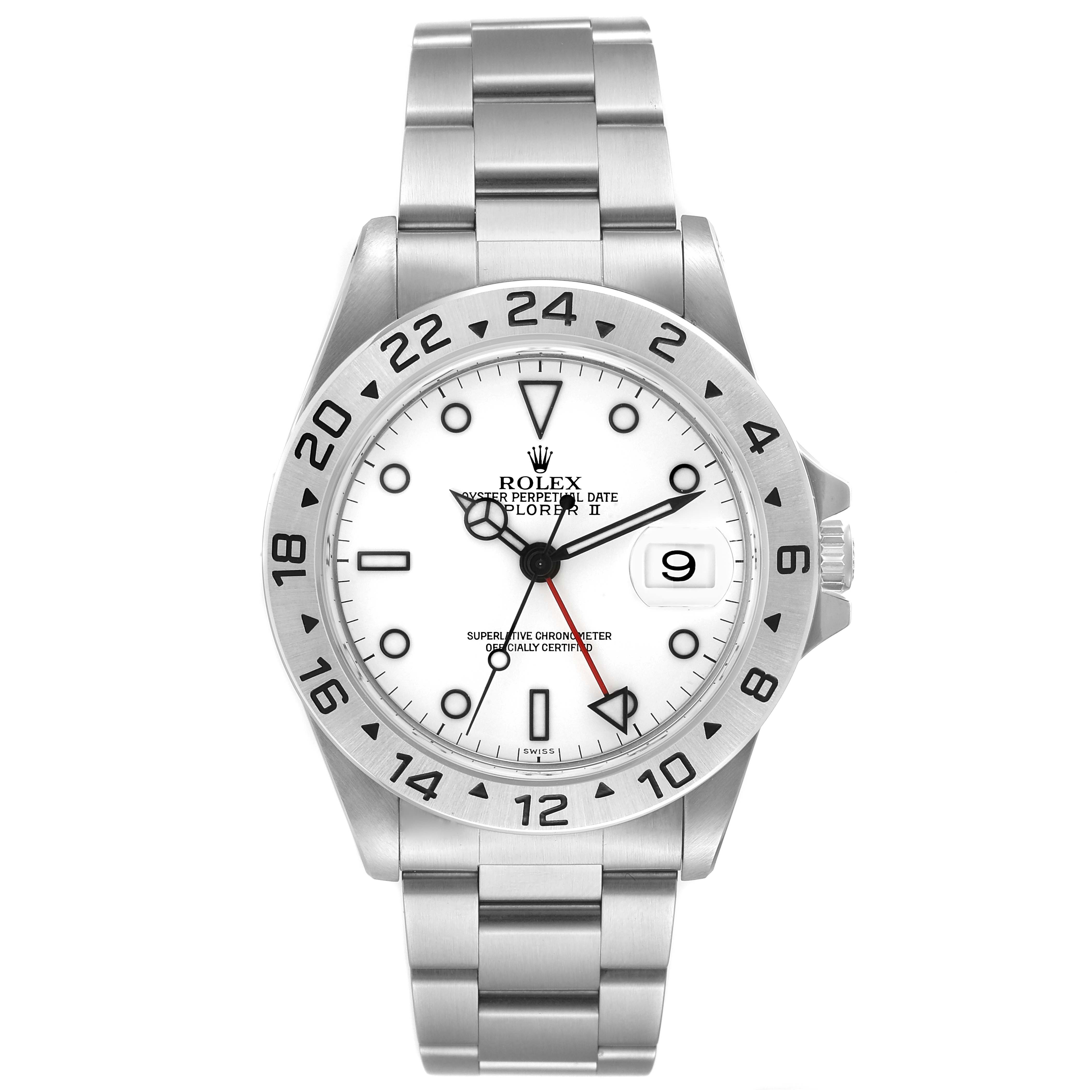 This image shows a front view of the Rolex Explorer 16570 Men's Stainless Steel White Dial 16570 Men's Stainless Steel White Dial watch, displaying its bezel, dial, and bracelet.