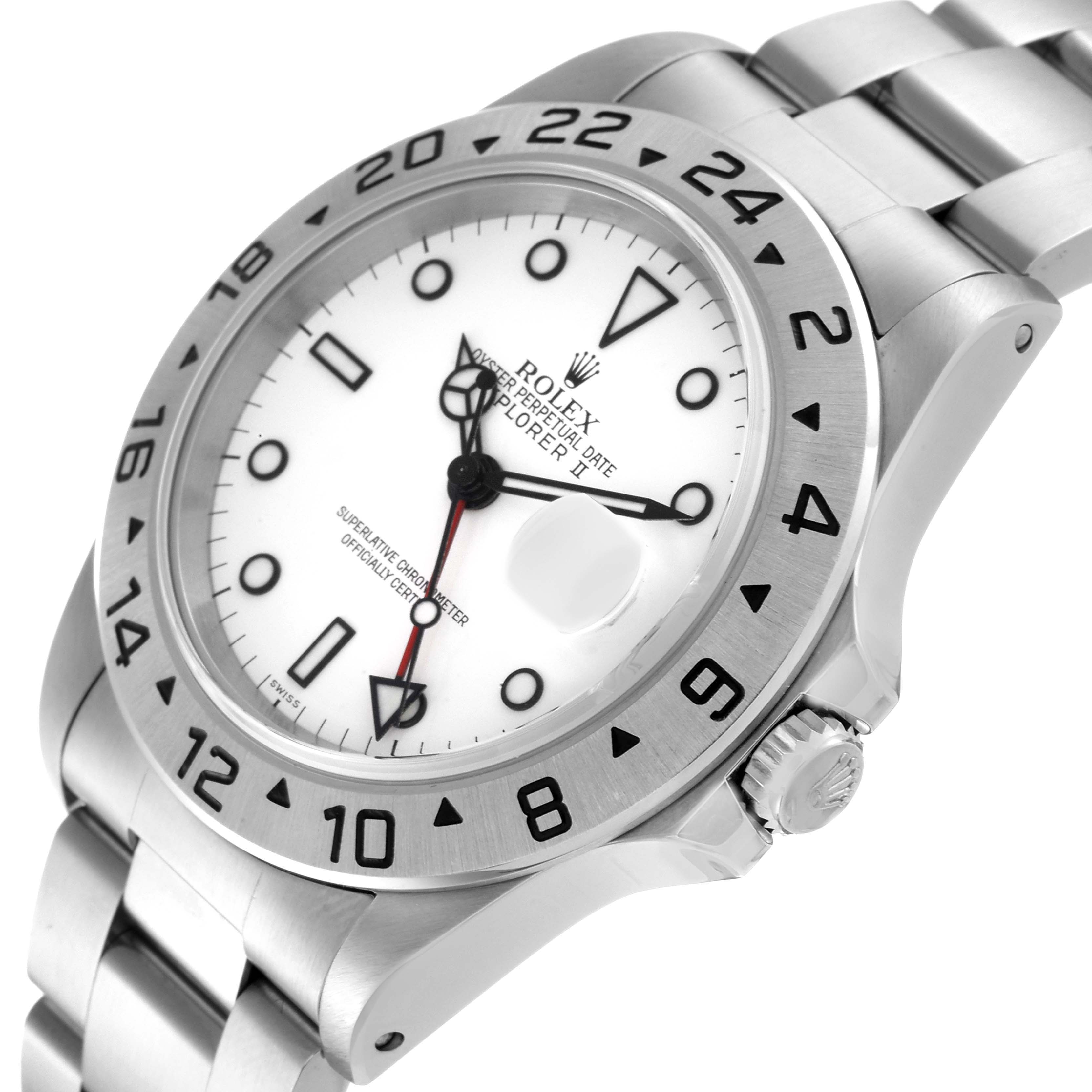This image shows a side angle of the Rolex Explorer 16570 Men's Stainless Steel White Dial 16570 Men's Stainless Steel White Dial II, highlighting its bezel, crown, dial, and bracelet.