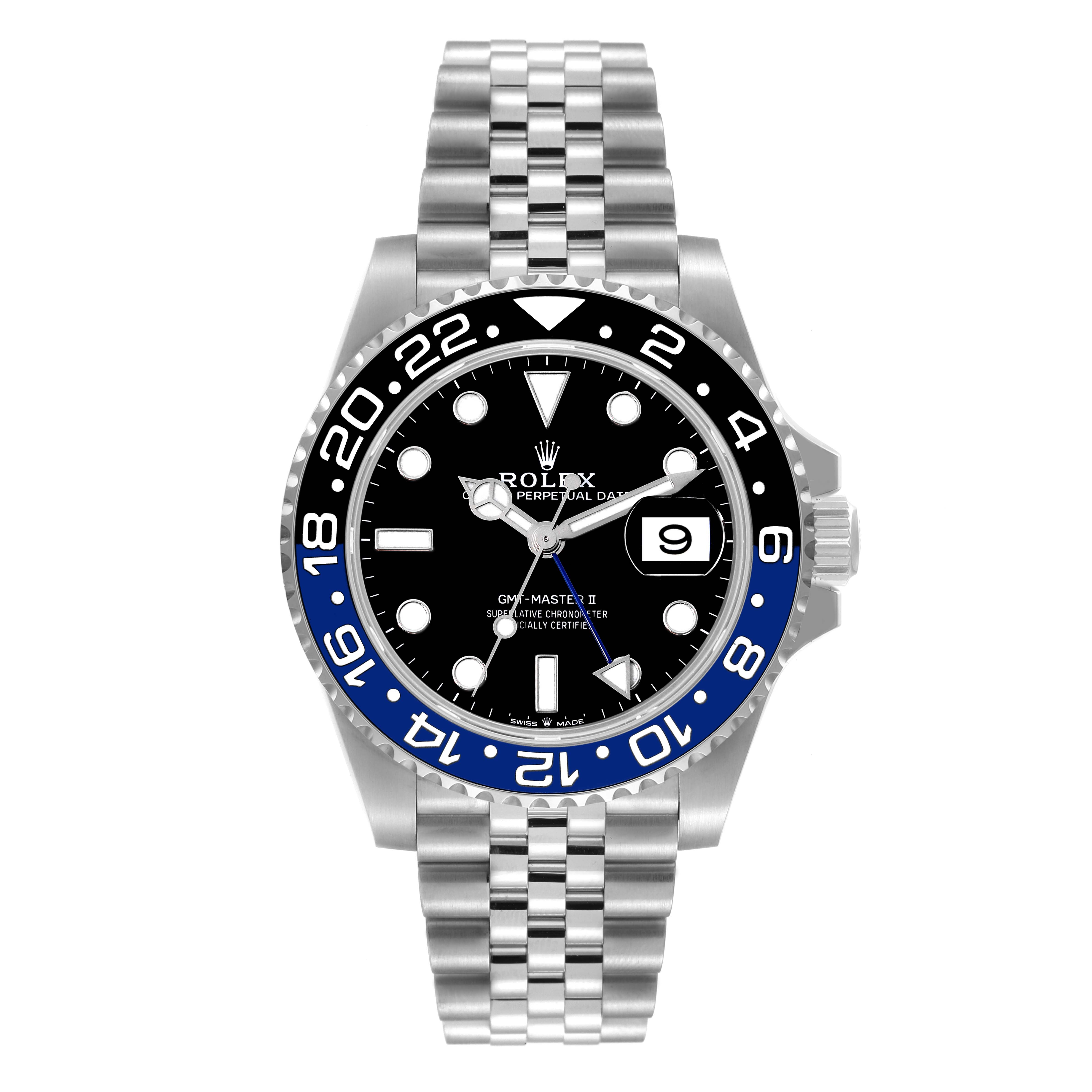 The image shows a front view of a Rolex GMT-Master 126710 Men
s Stainless Steel Black Dial 126710 Men
s Stainless Steel Black Dial II watch with a black and blue bezel and a jubilee bracelet.
