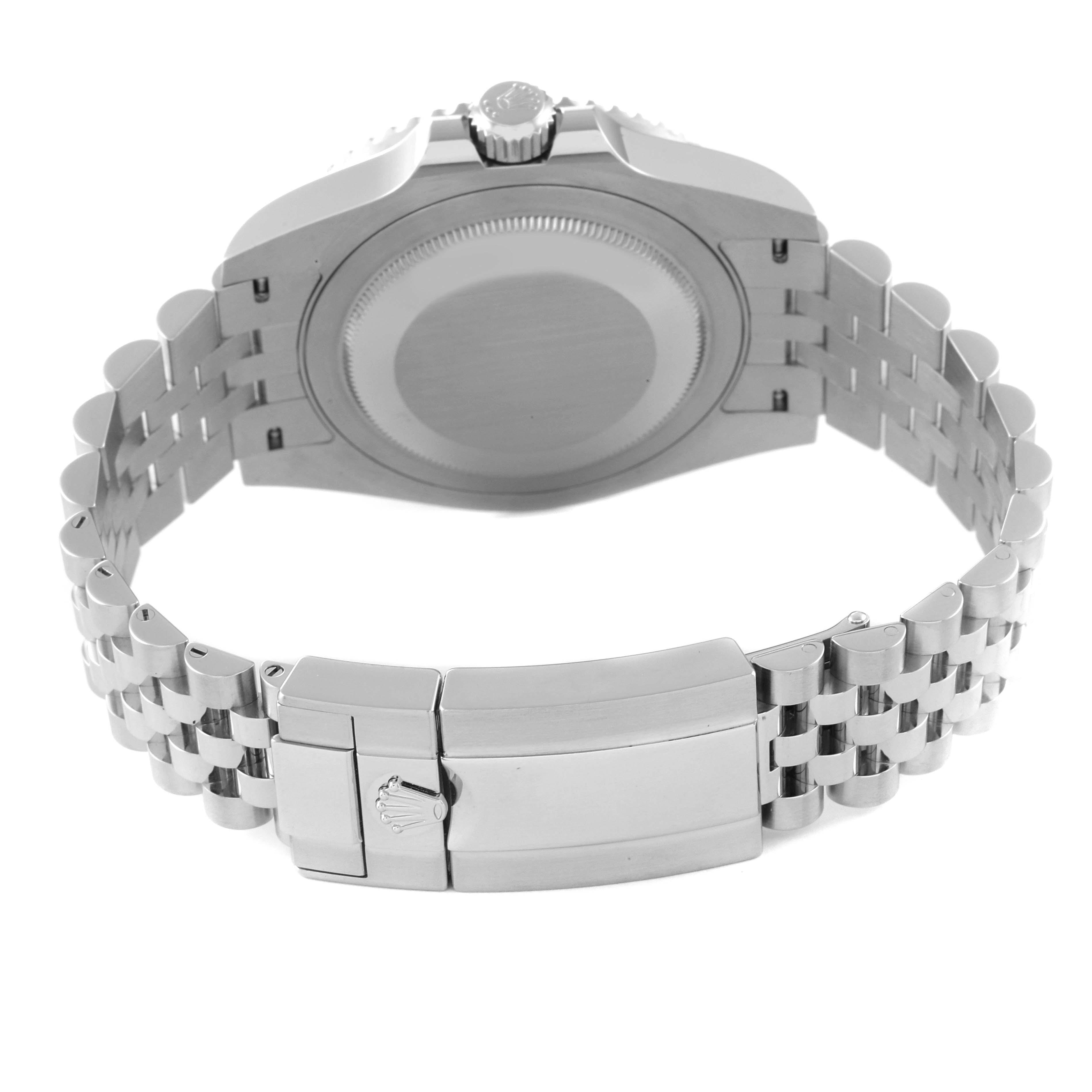 This image shows the back view of a Rolex GMT-Master 126710 Men
s Stainless Steel Black Dial 126710 Men
s Stainless Steel Black Dial watch, highlighting the bracelet and clasp.