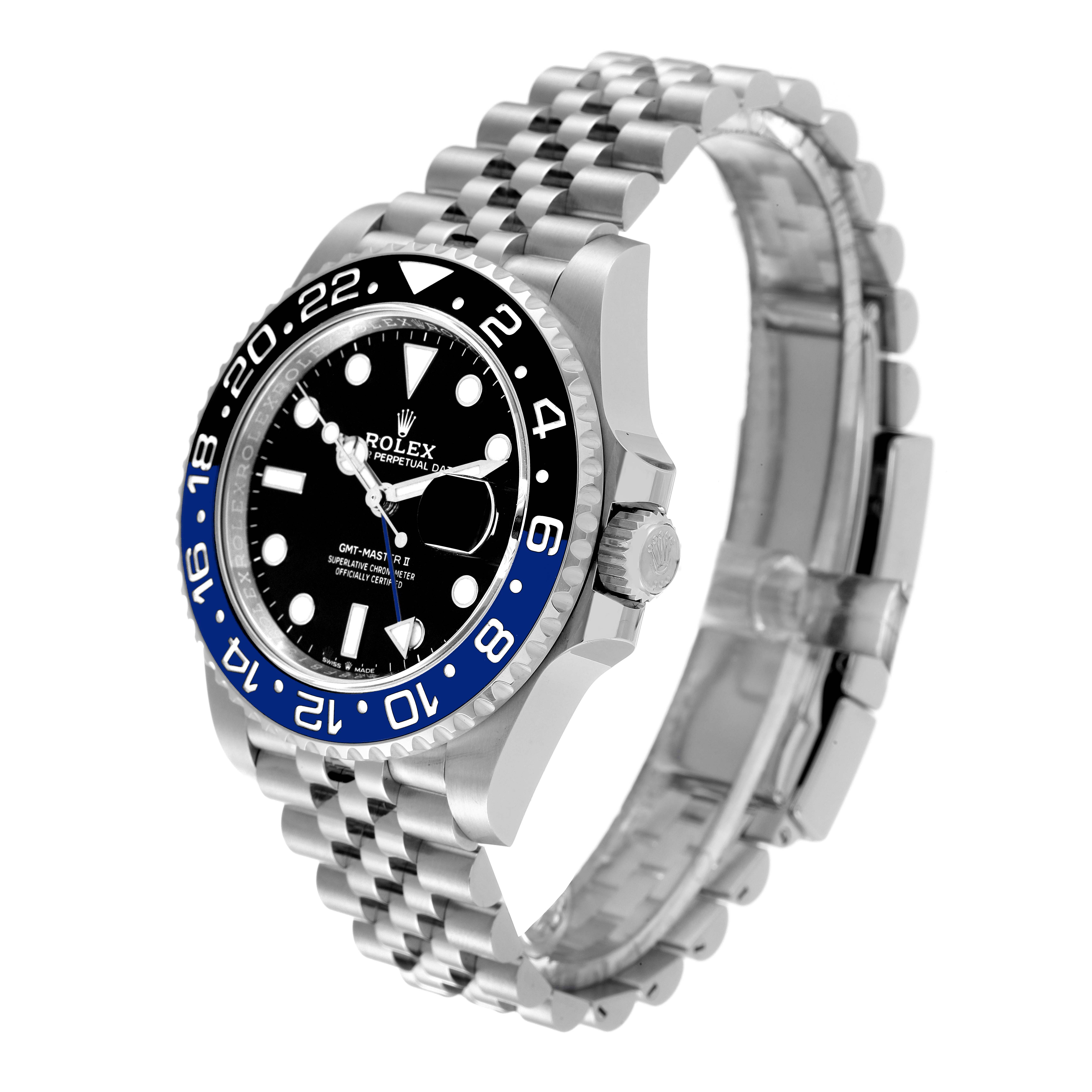 This image shows a Rolex GMT-Master 126710 Men
s Stainless Steel Black Dial 126710 Men
s Stainless Steel Black Dial watch angled to display its face, bezel, and jubilee bracelet.