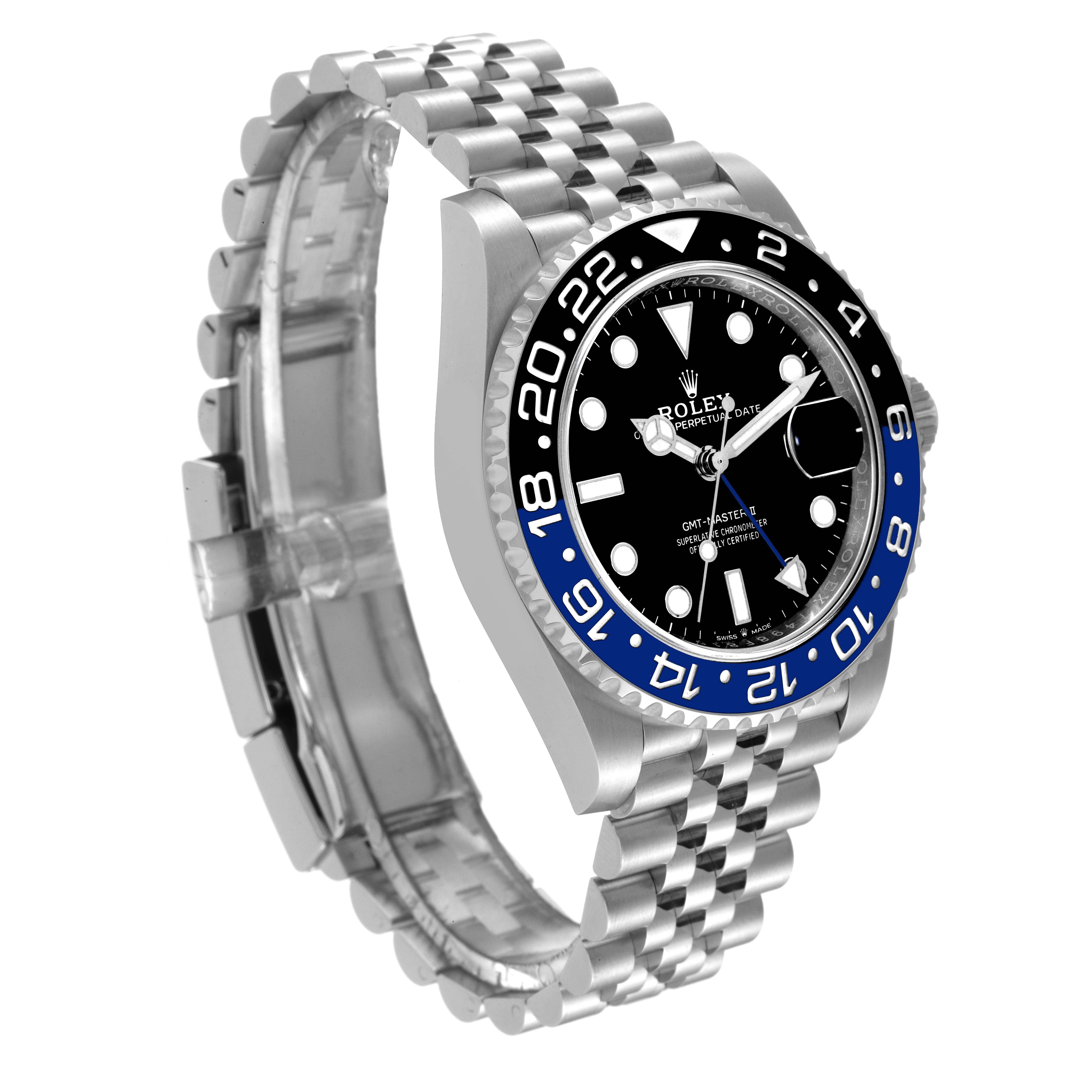 The image shows a side-angle view of a Rolex GMT-Master 126710 Men
s Stainless Steel Black Dial 126710 Men
s Stainless Steel Black Dial watch, highlighting its bezel, dial, and bracelet.