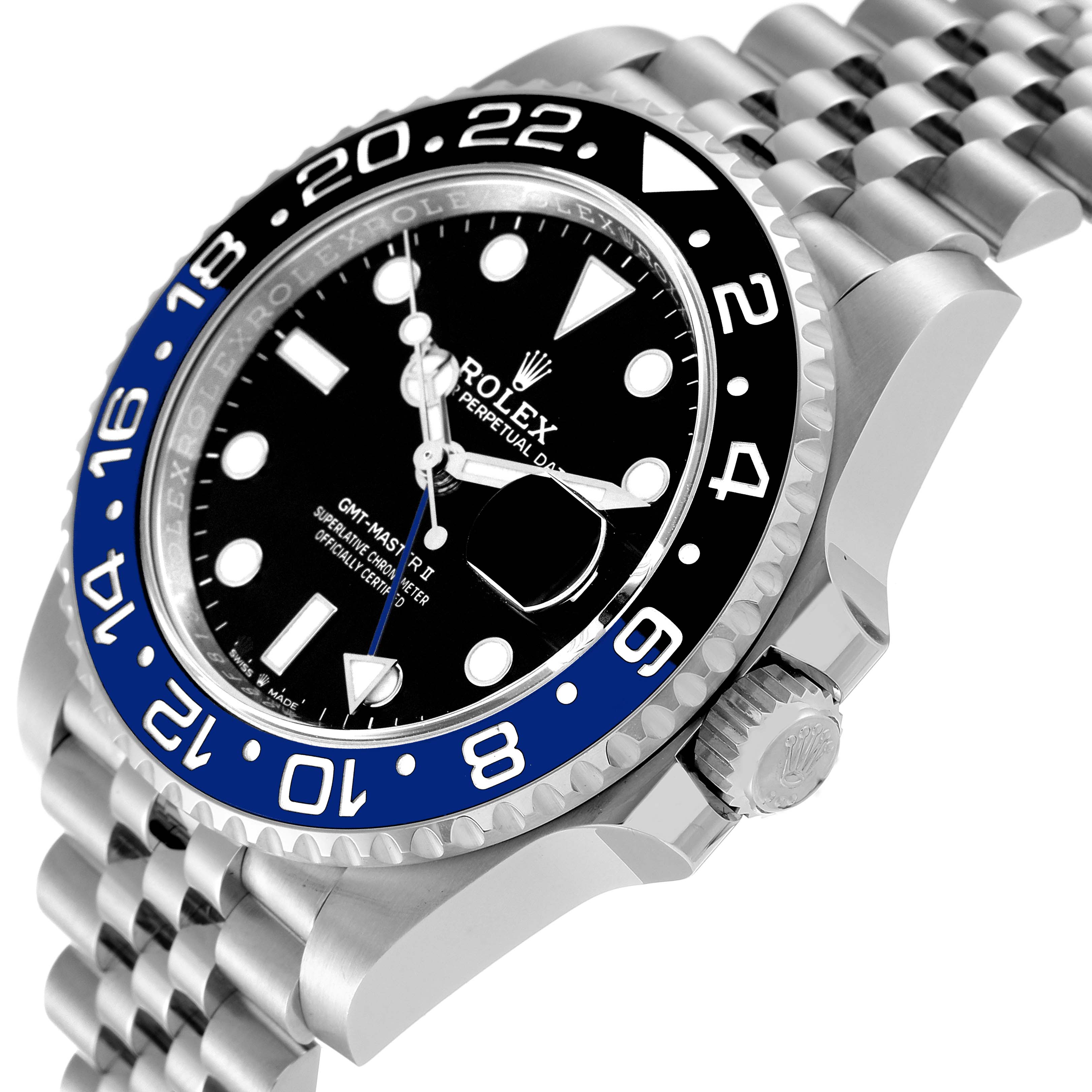 This image shows a side angle of a Rolex GMT-Master 126710 Men
s Stainless Steel Black Dial 126710 Men
s Stainless Steel Black Dial watch, highlighting the bezel, dial, and part of the bracelet.