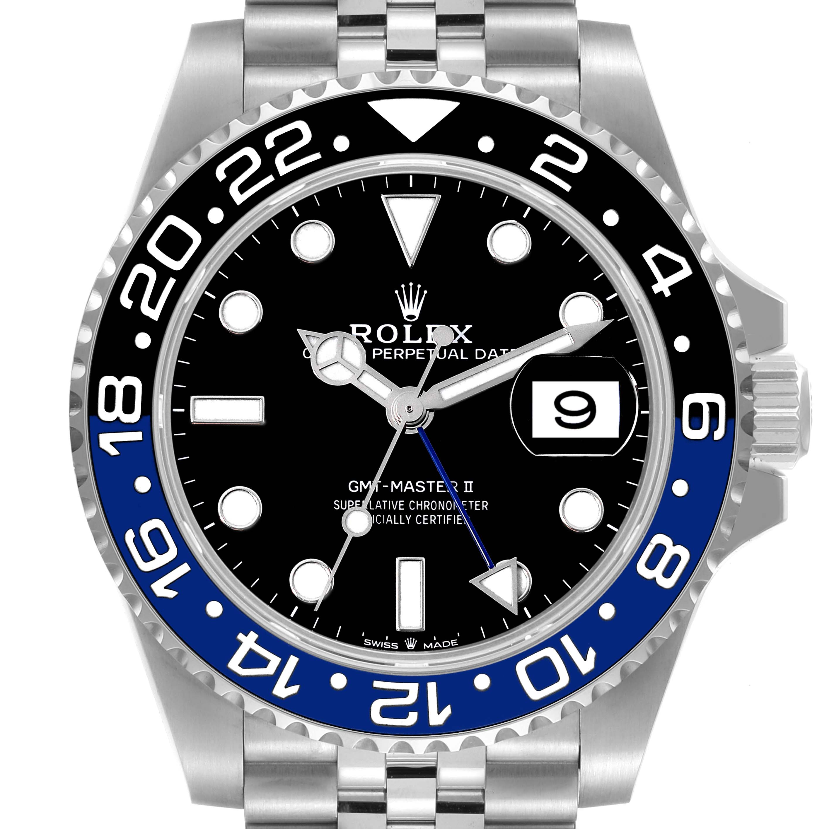 This image shows a front view of a Rolex GMT-Master 126710 Men
s Stainless Steel Black Dial 126710 Men
s Stainless Steel Black Dial II watch, highlighting the bezel, dial, hour markers, and date display.