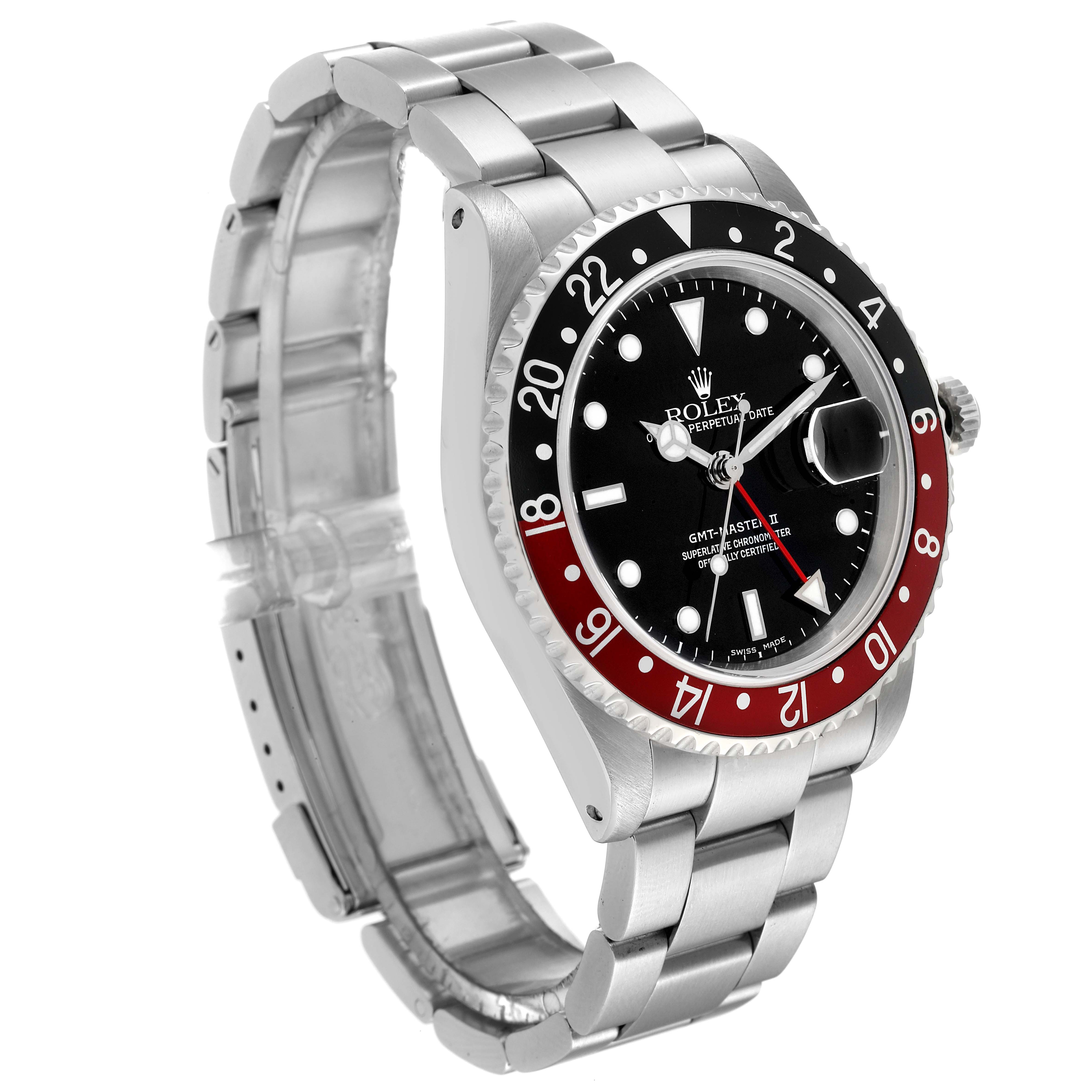 The image shows a side angle of a Rolex GMT-Master 16710 Men's Stainless Steel Black Dial 16710 Men's Stainless Steel Black Dial watch, displaying the bezel, dial, and bracelet.
