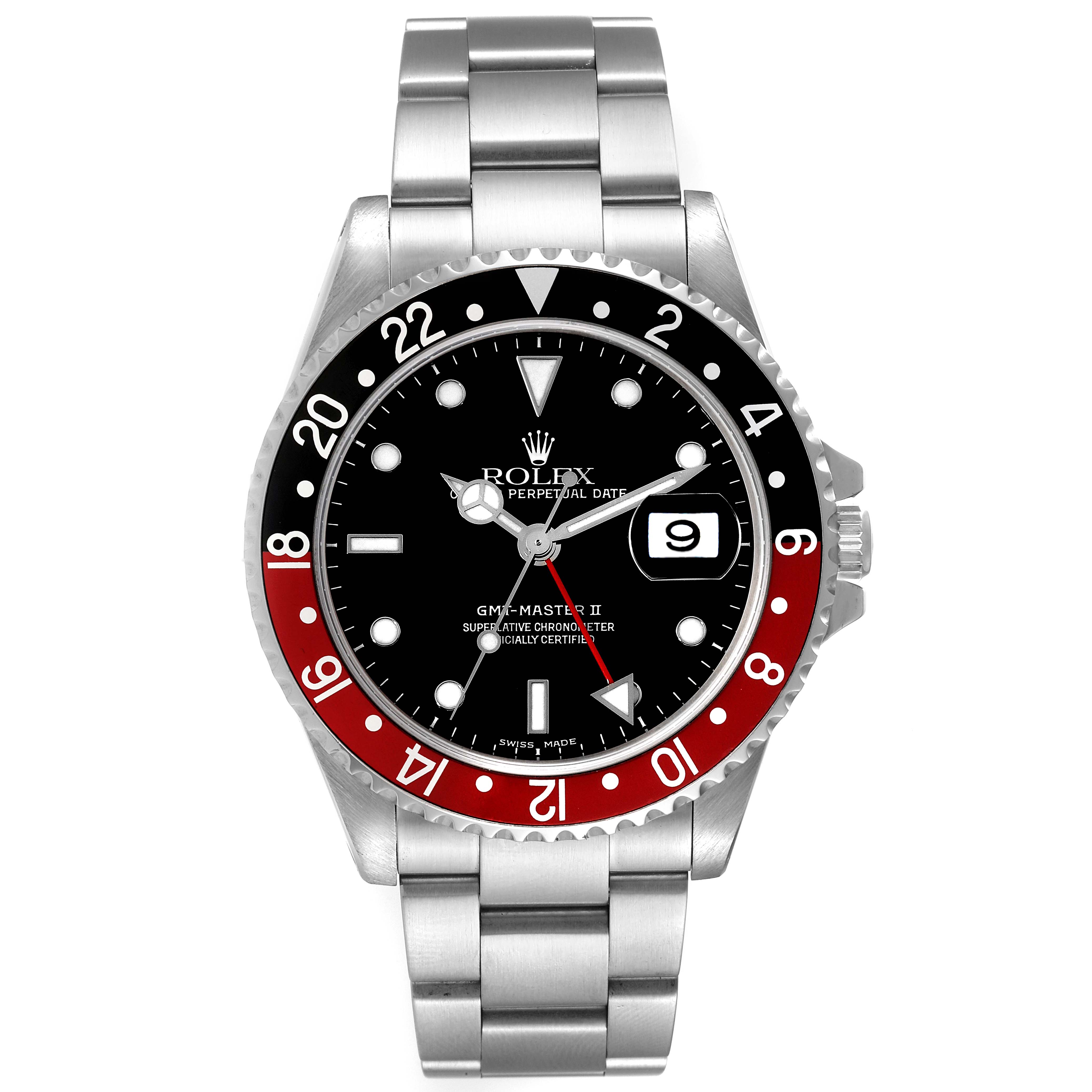 The Rolex GMT-Master 16710 Men's Stainless Steel Black Dial 16710 Men's Stainless Steel Black Dial watch is shown from a front angle, displaying the dial, bezel, bracelet, and date feature.