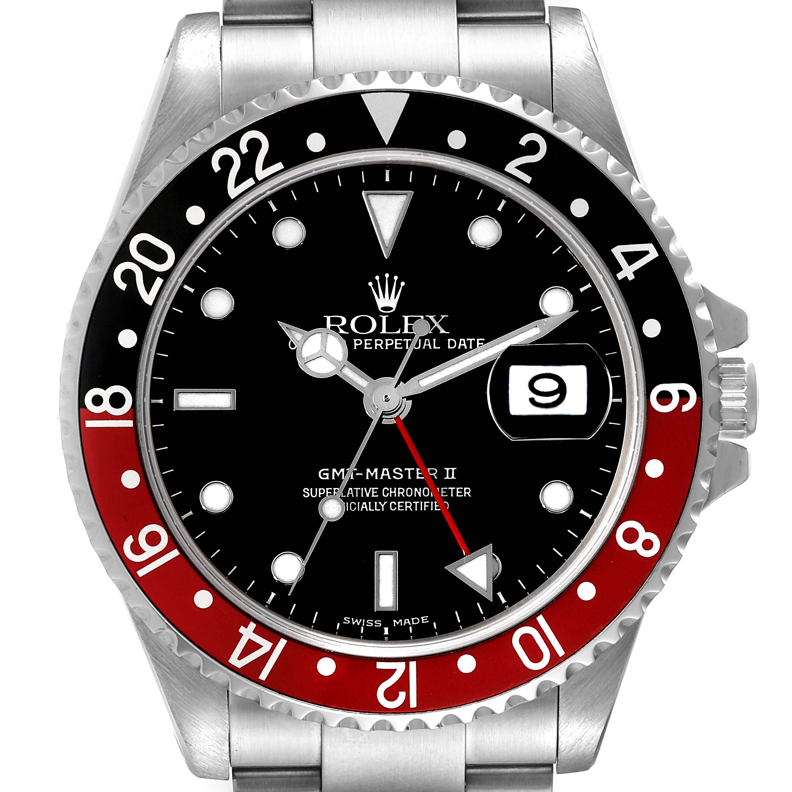 This image shows a front view of the Rolex GMT-Master 16710 Men's Stainless Steel Black Dial 16710 Men's Stainless Steel Black Dial II watch, highlighting the dial, bezel, and bracelet.