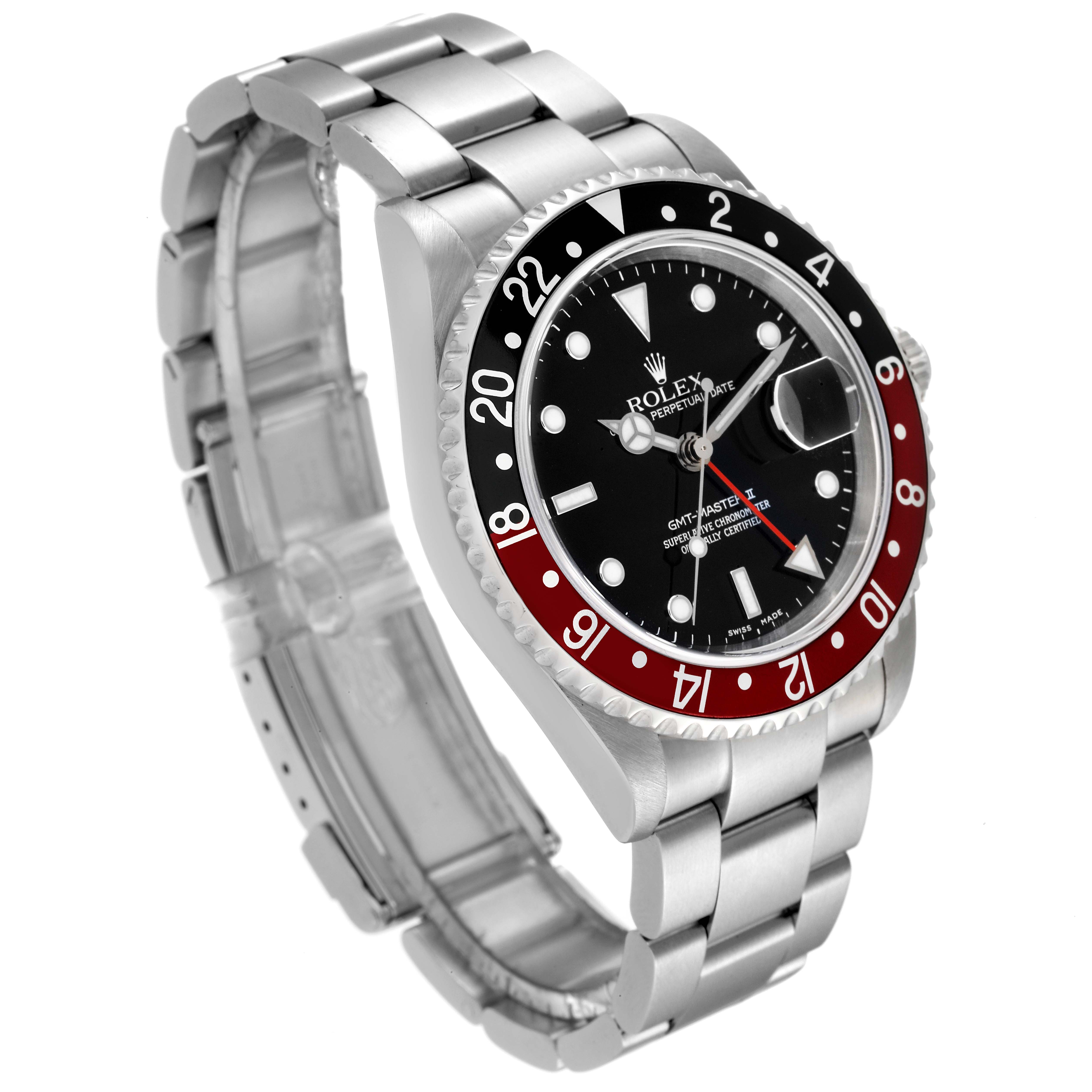 The Rolex GMT-Master 16710 Men's Stainless Steel Black Dial 16710 Men's Stainless Steel Black Dial watch is shown at a three-quarter angle, highlighting its bezel, dial, and bracelet.