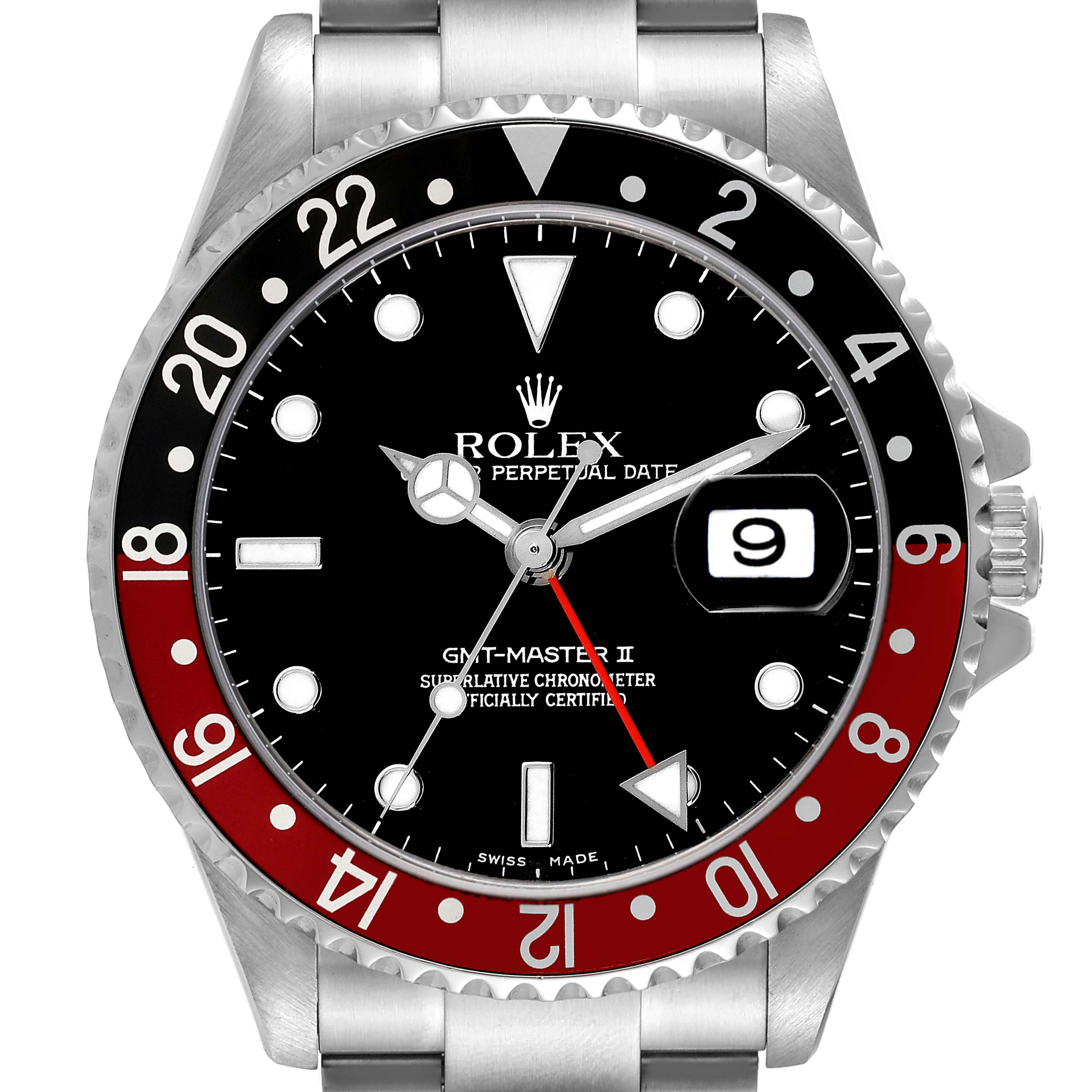 The image shows a front view of a Rolex GMT-Master 16710 Men's Stainless Steel Black Dial 16710 Men's Stainless Steel Black Dial II watch, highlighting the bezel, dial, hands, and date window.