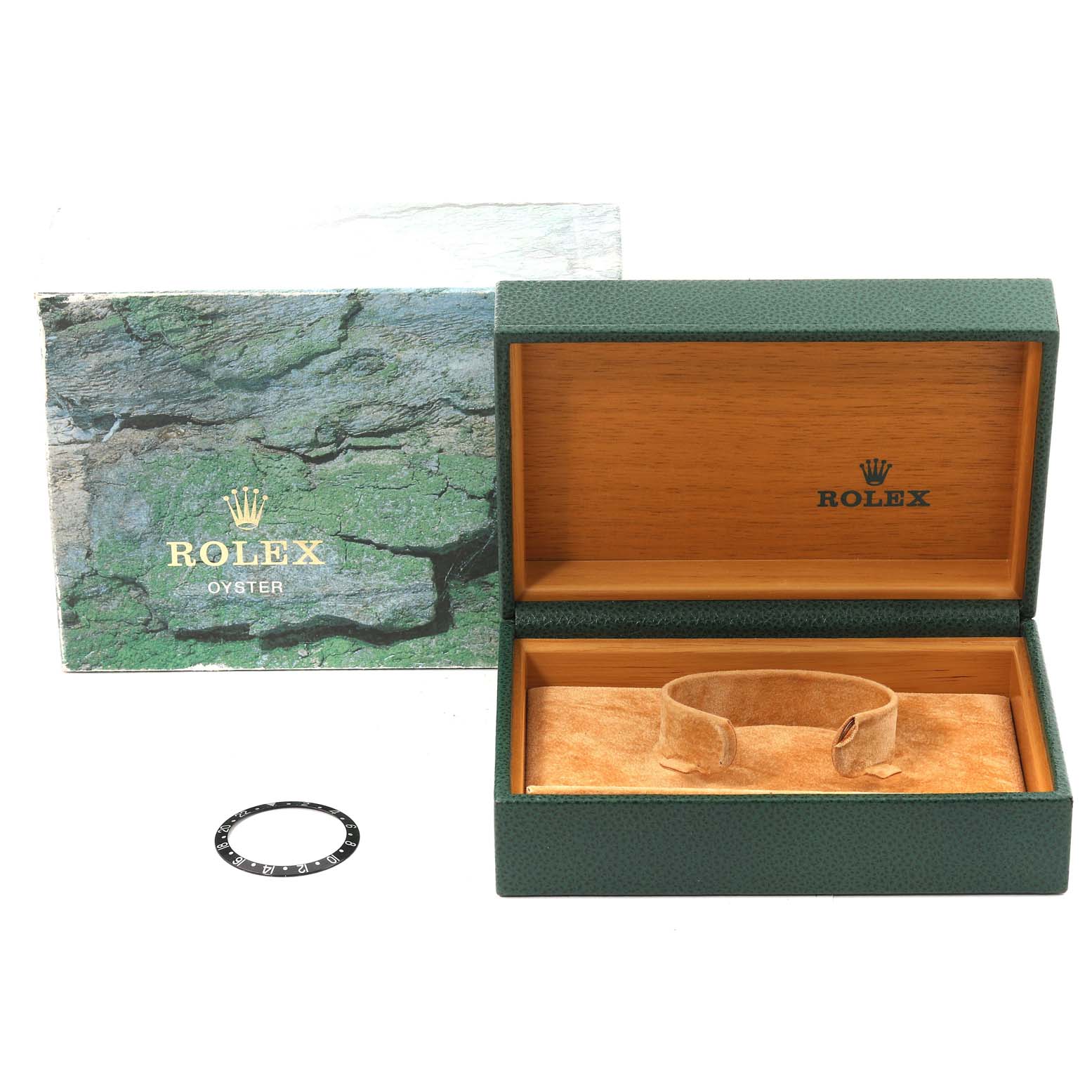 This image shows an open Rolex GMT-Master 16710 Men's Stainless Steel Black Dial 16710 Men's Stainless Steel Black Dial watch box with a green exterior, a suede-like interior, and an additional bezel ring.