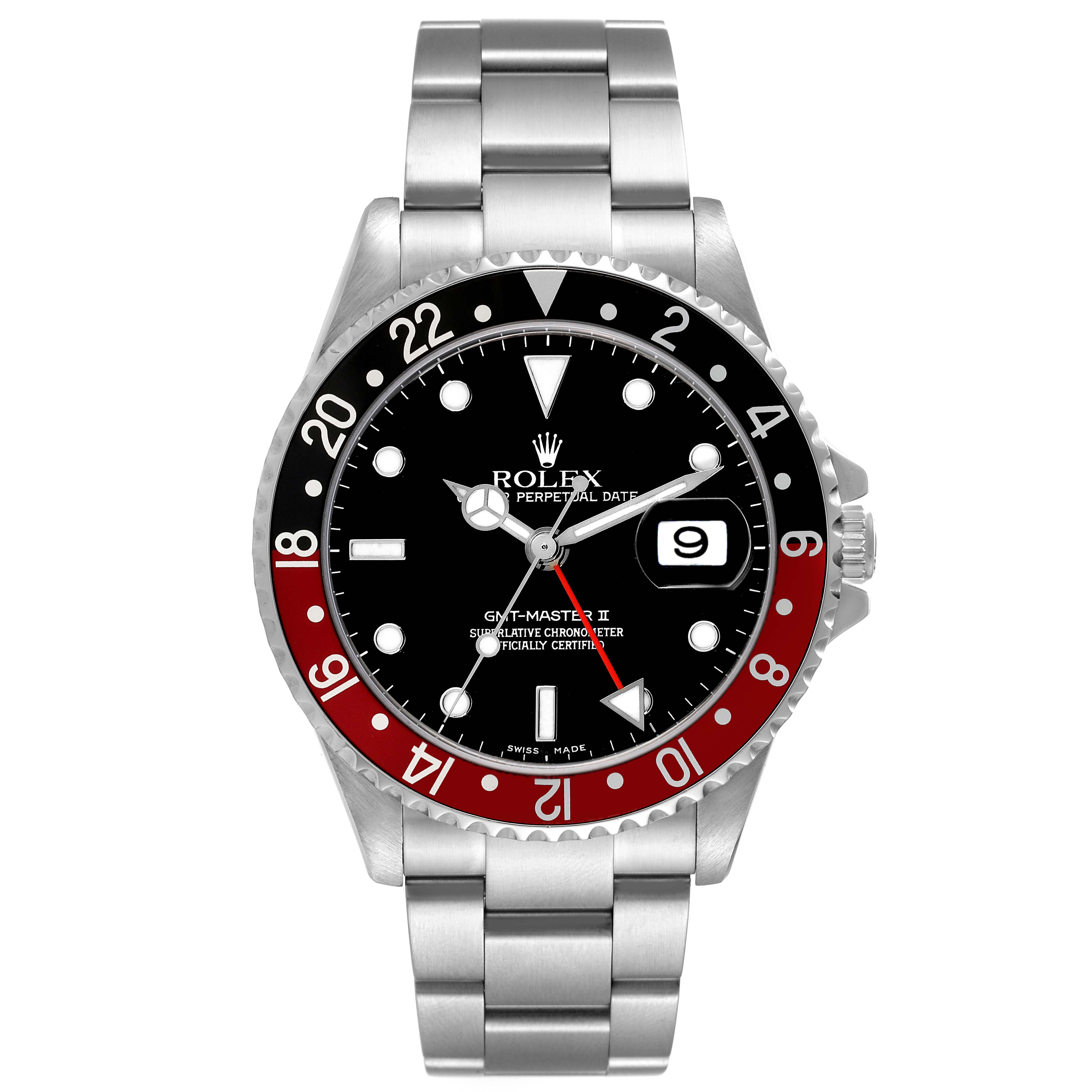 The image shows a front view of a Rolex GMT-Master 16710 Men's Stainless Steel Black Dial 16710 Men's Stainless Steel Black Dial watch, highlighting the bezel, dial, hands, date display, and bracelet.