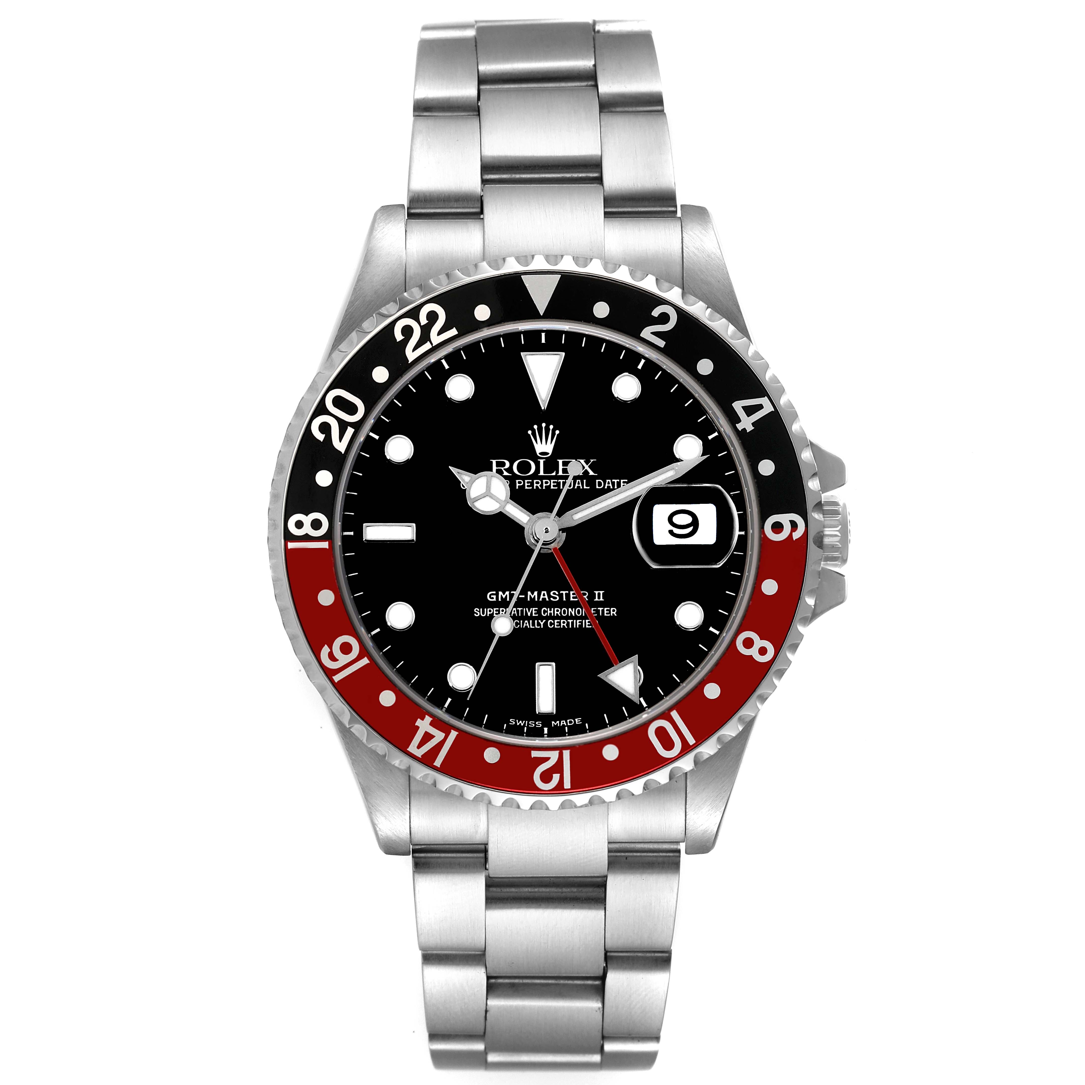 The image shows a front view of the Rolex GMT-Master 16710 Men's Stainless Steel Black Dial 16710 Men's Stainless Steel Black Dial II watch, featuring its bezel, dial, bracelet, and date display.