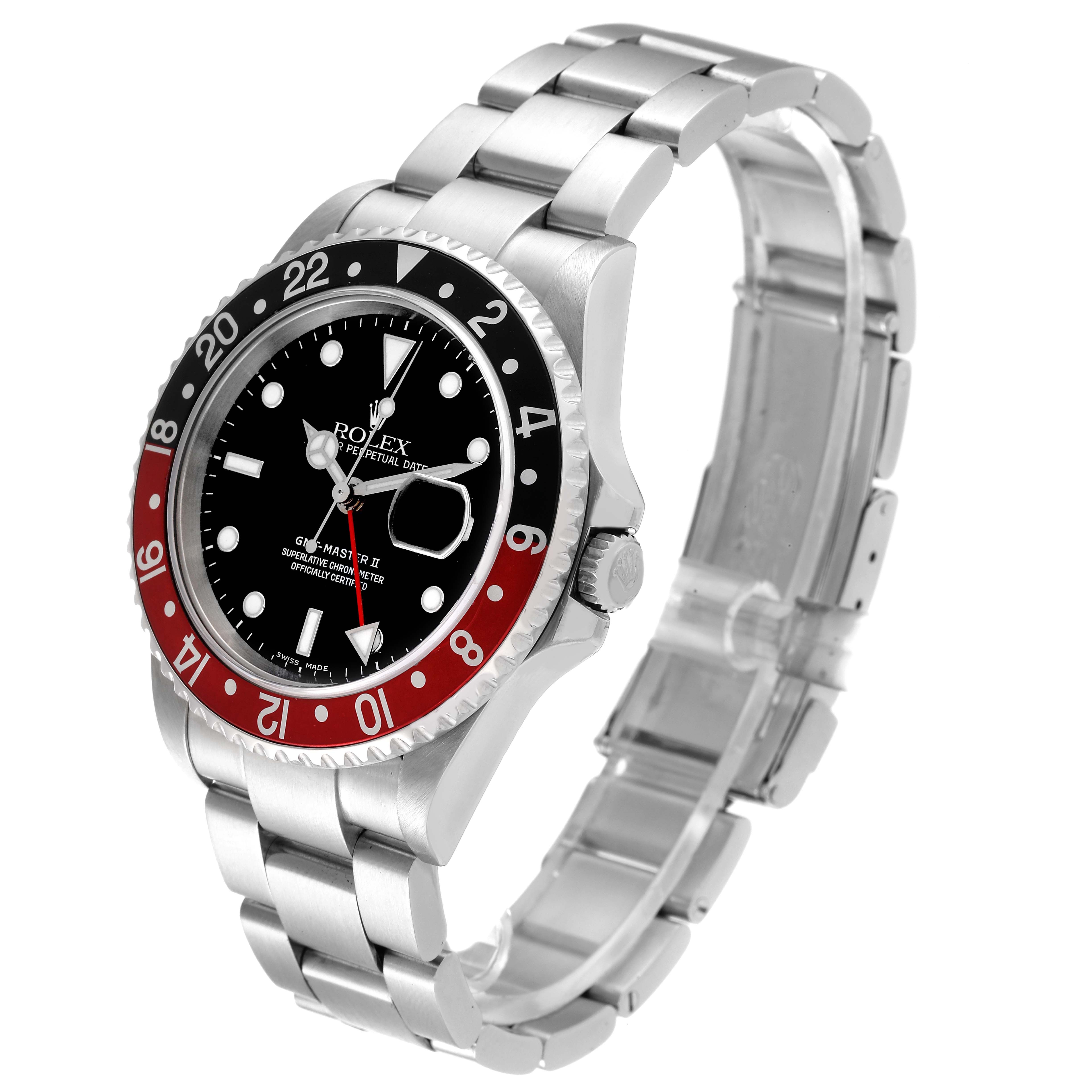 This image shows a side angle of the Rolex GMT-Master 16710 Men's Stainless Steel Black Dial 16710 Men's Stainless Steel Black Dial II, highlighting the bezel, crown, dial, and bracelet.