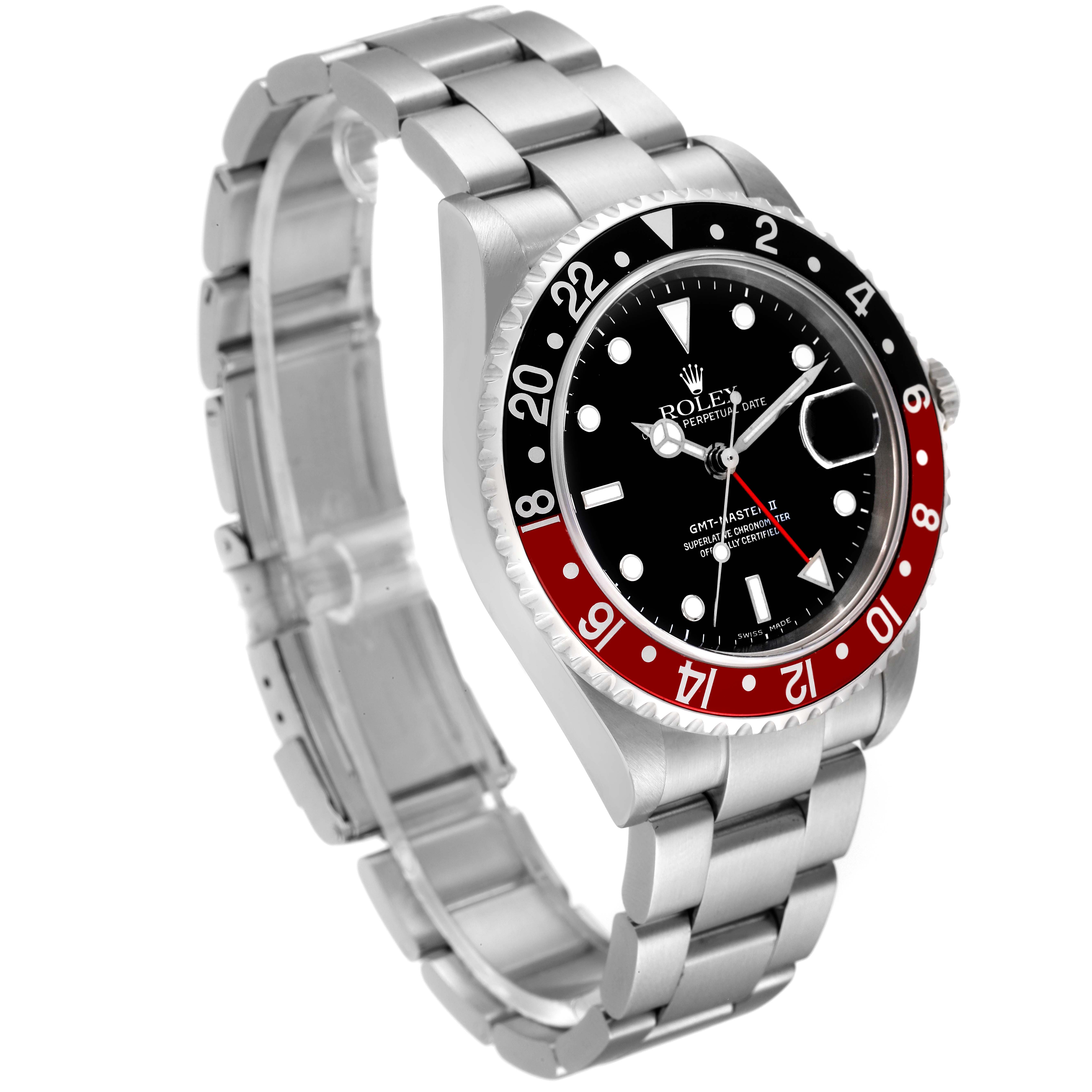 This image shows a Rolex GMT-Master 16710 Men's Stainless Steel Black Dial 16710 Men's Stainless Steel Black Dial watch from an angled view, highlighting its bezel, dial, and stainless steel bracelet.