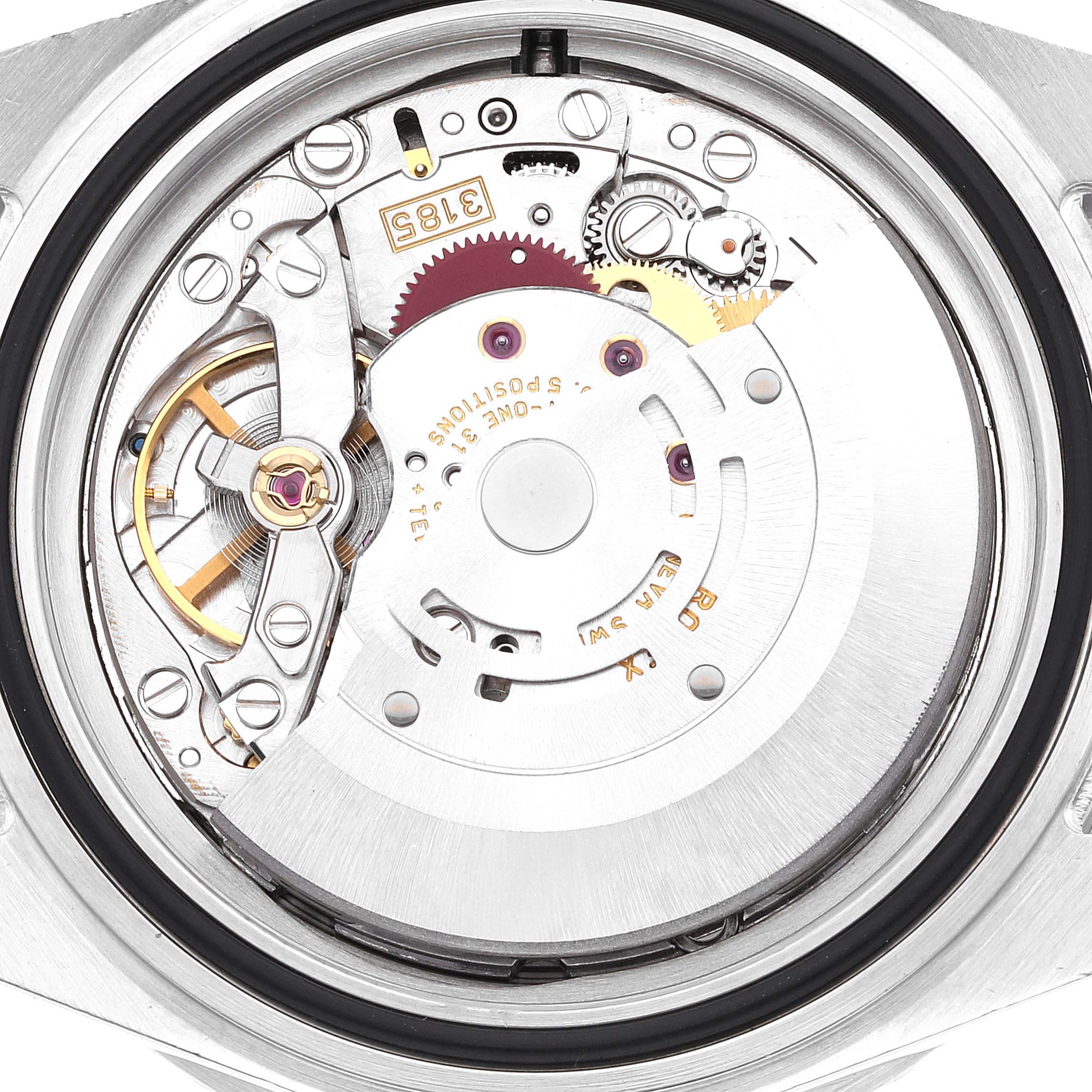 This is a close-up view of the movement and internal mechanics of a Rolex GMT-Master 16710 Men's Stainless Steel Black Dial 16710 Men's Stainless Steel Black Dial watch.