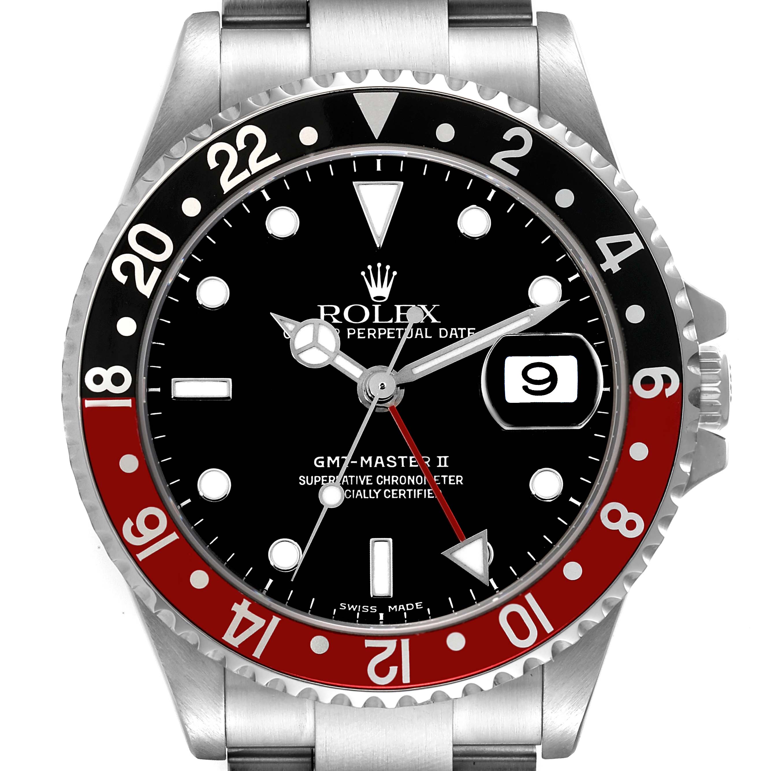 The image shows a frontal view of a Rolex GMT-Master 16710 Men's Stainless Steel Black Dial 16710 Men's Stainless Steel Black Dial II watch, highlighting the face, bezel, and part of the bracelet.