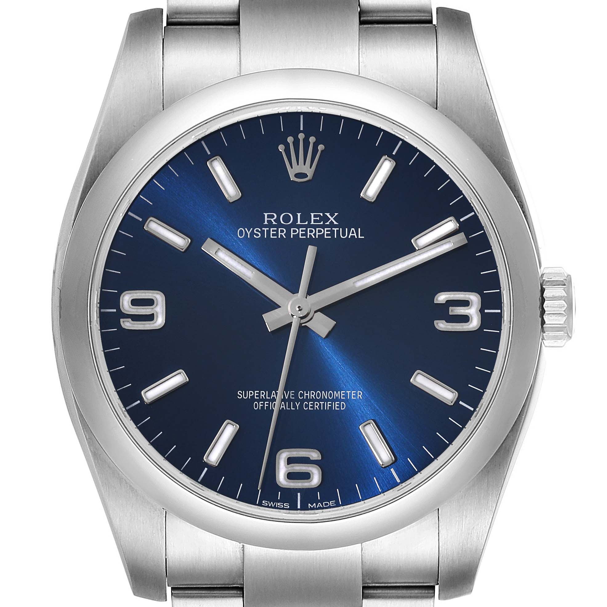 The image shows a front view of a Rolex Oyster Perpetual 116000 Men's Stainless Steel Blue Dial 116000 Men's Stainless Steel Blue Dial watch, focusing on its blue dial, hour markers, and stainless steel casing.