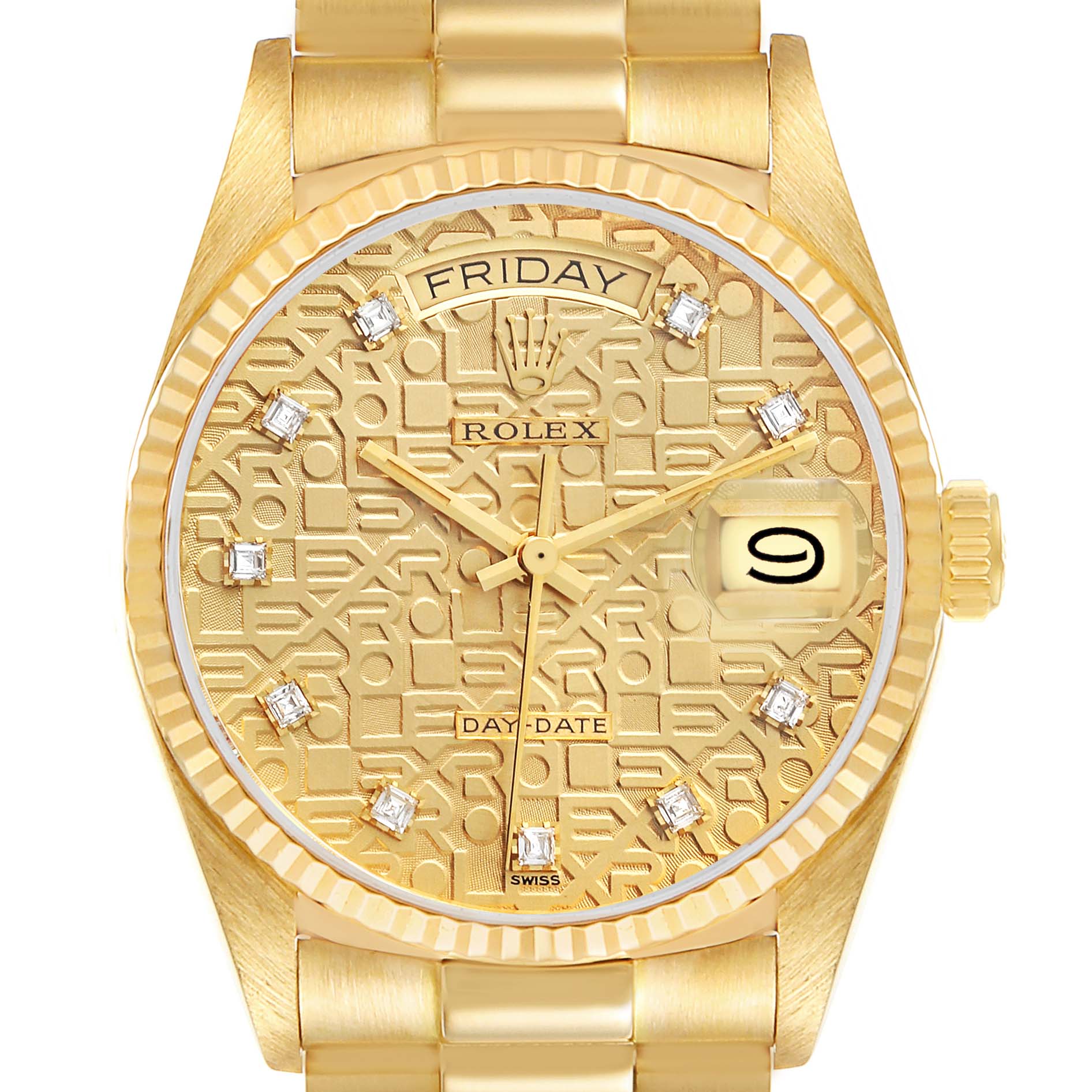 This image shows a front view of a Rolex President 18038 Men's Yellow Gold Champagne Dial 18038 Men's Yellow Gold Champagne Dial model watch, highlighting its gold dial, day-date feature, and diamond hour markers.