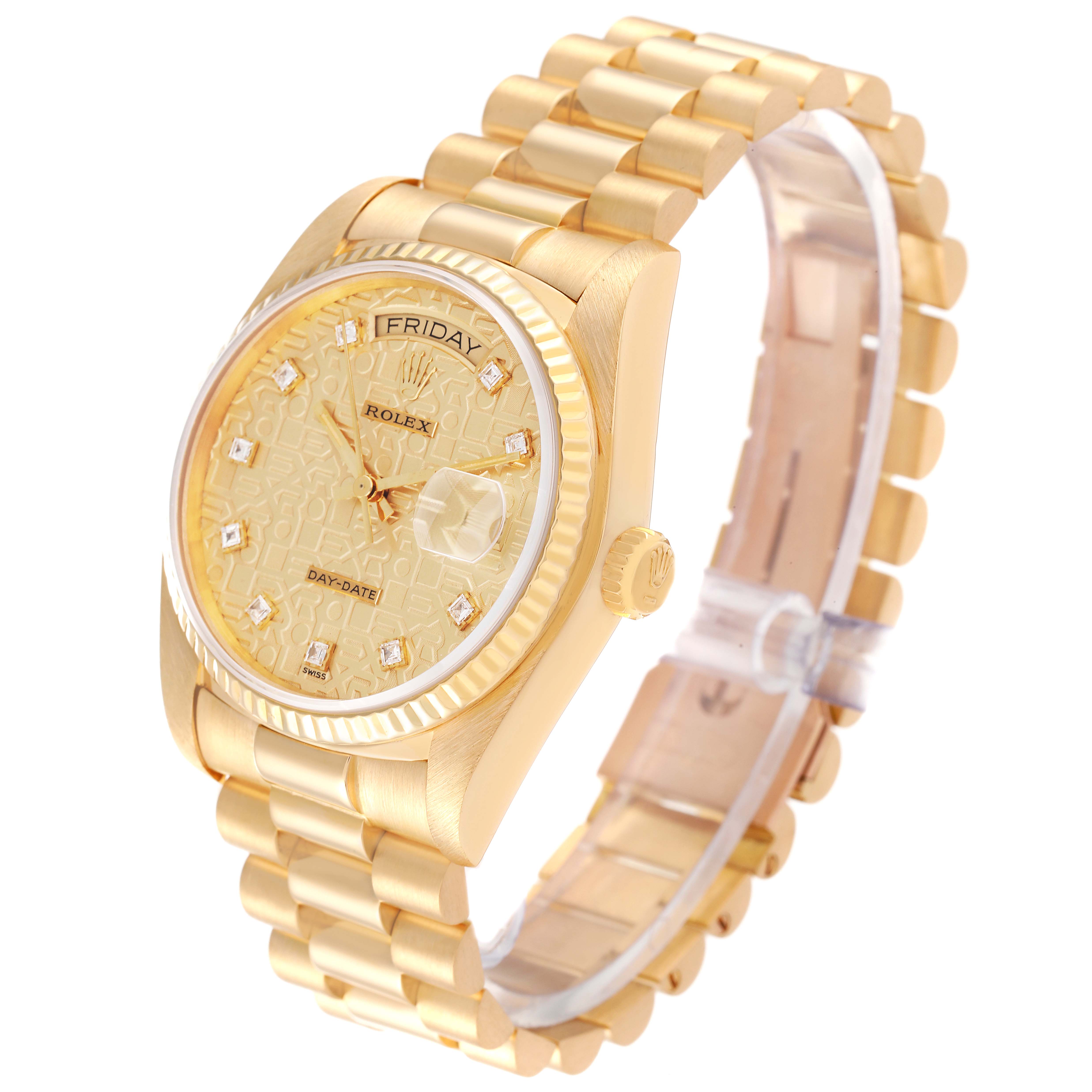 The Rolex President 18038 Men's Yellow Gold Champagne Dial 18038 Men's Yellow Gold Champagne Dial model watch is shown at a three-quarter angle, highlighting the gold case, dial, and bracelet.