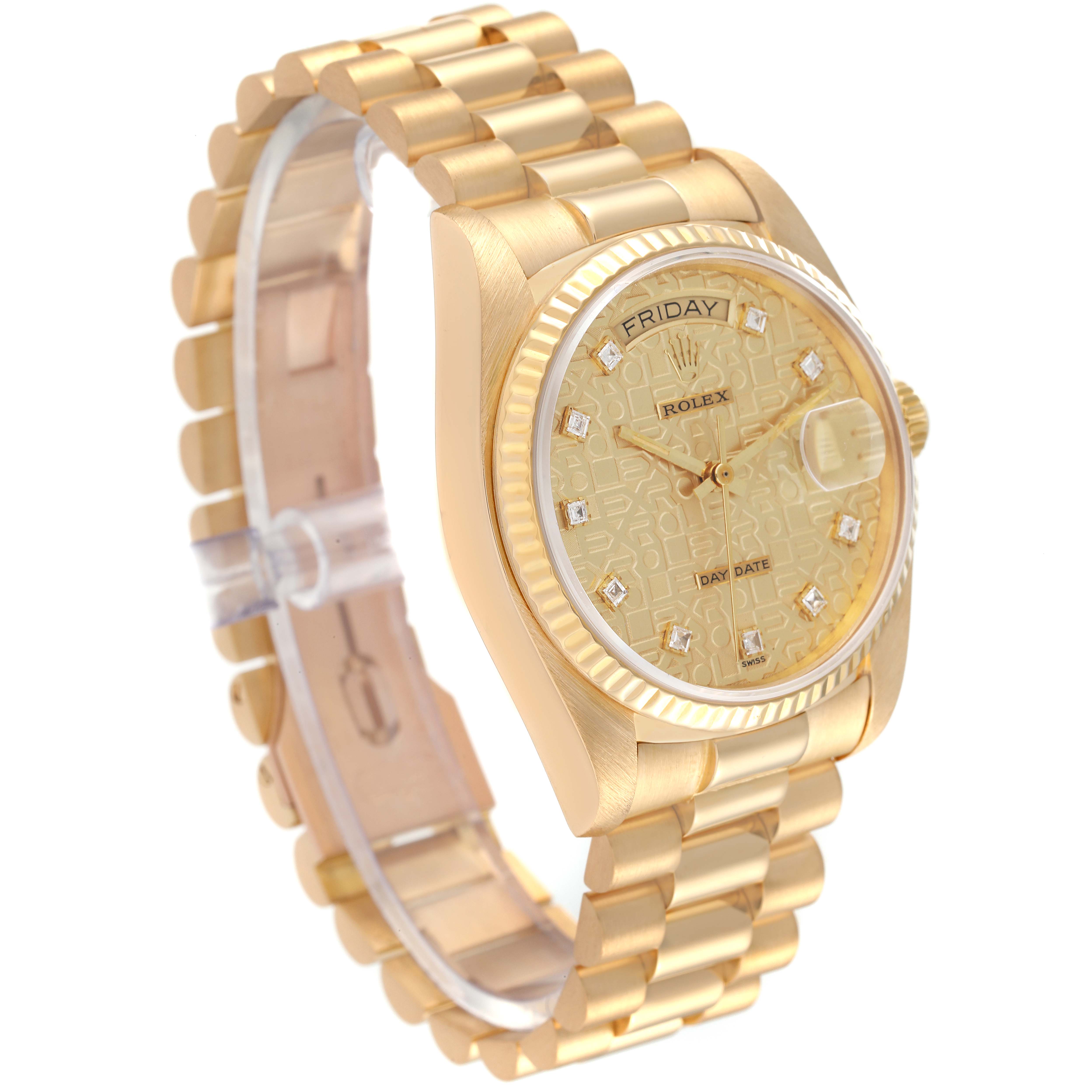 The image shows a side and partial front view of a Rolex President 18038 Men's Yellow Gold Champagne Dial 18038 Men's Yellow Gold Champagne Dial model watch featuring its bracelet and dial.