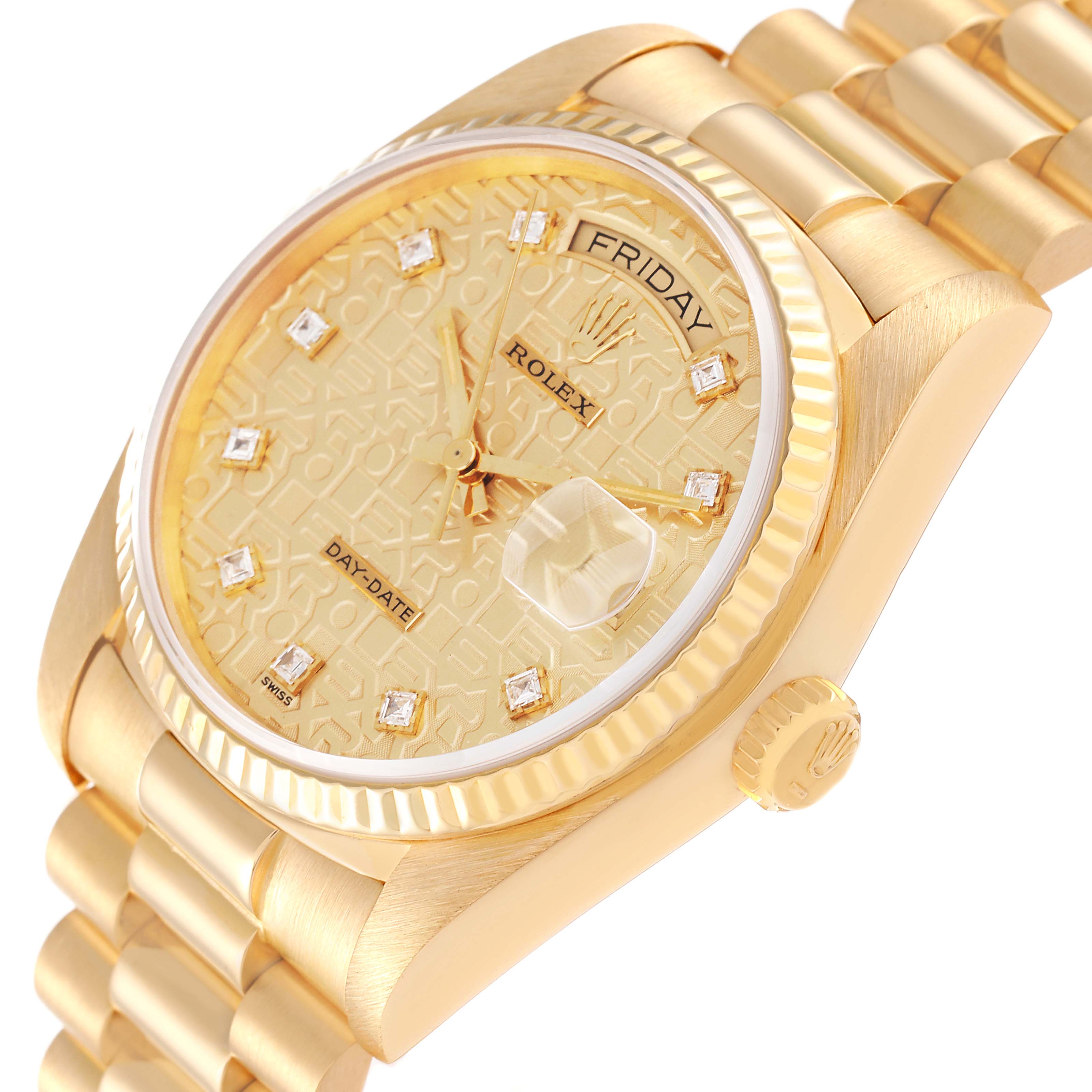 This image shows a side angle of the Rolex President 18038 Men's Yellow Gold Champagne Dial 18038 Men's Yellow Gold Champagne Dial Day-Date watch, highlighting its gold case, dial, and bracelet.