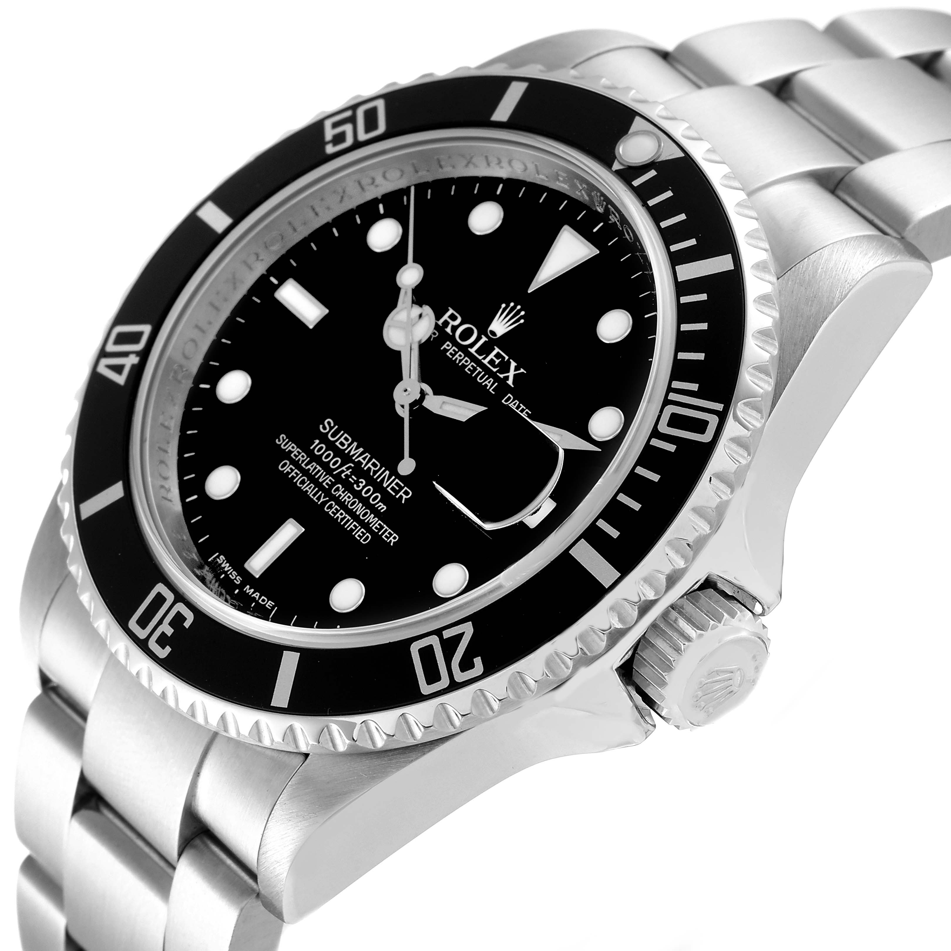 This image shows a side-angle view of a Rolex Submariner 16610 Men's Stainless Steel Black Dial 16610 Men's Stainless Steel Black Dial watch, detailing the bezel, dial, crown, and part of the bracelet.