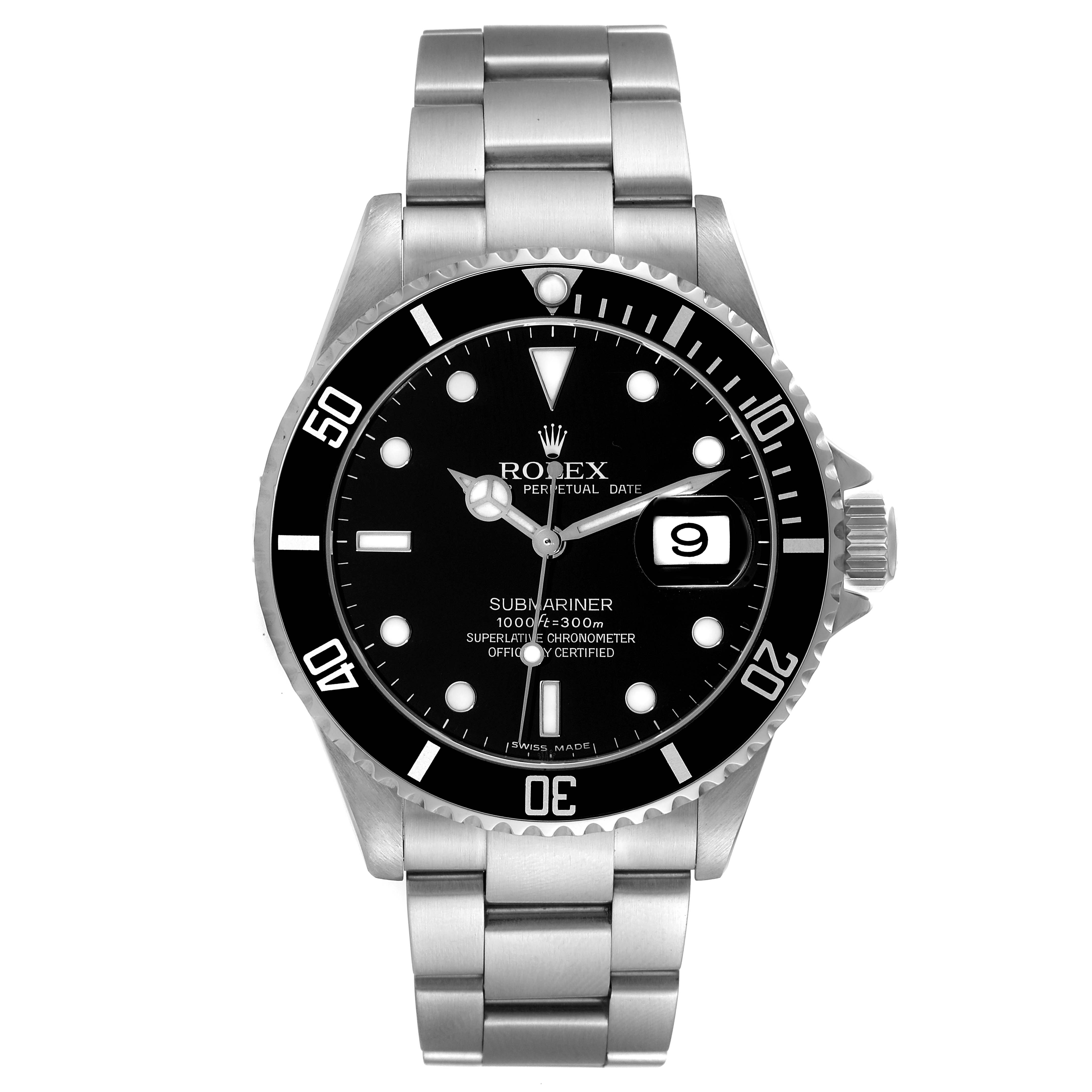 This is a front view of a Rolex Submariner 16610 Men's Stainless Steel Black Dial 16610 Men's Stainless Steel Black Dial watch showing its dial, bezel, and bracelet.