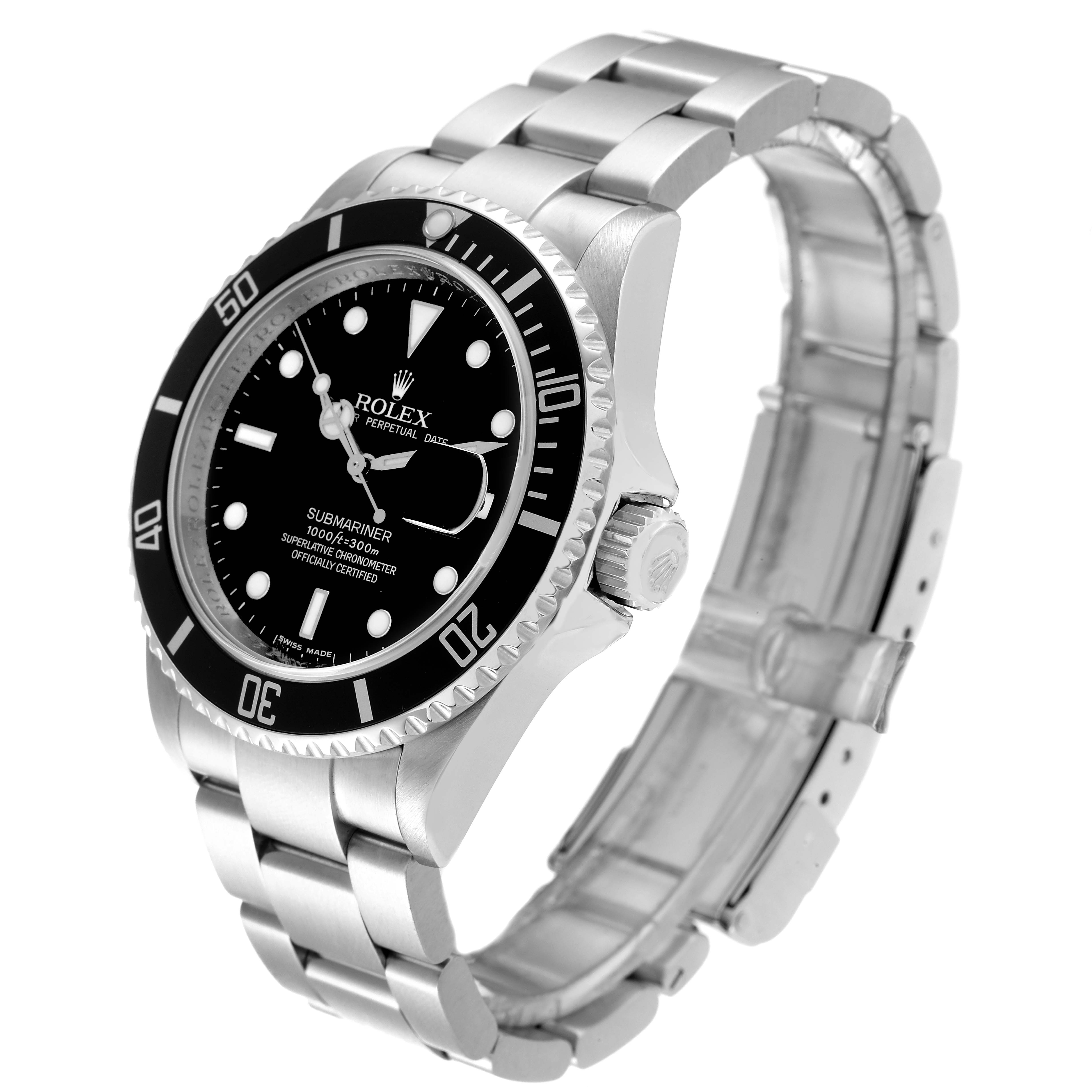 The image shows a side angle of a Rolex Submariner 16610 Men's Stainless Steel Black Dial 16610 Men's Stainless Steel Black Dial, highlighting its bezel, dial, and metal bracelet.