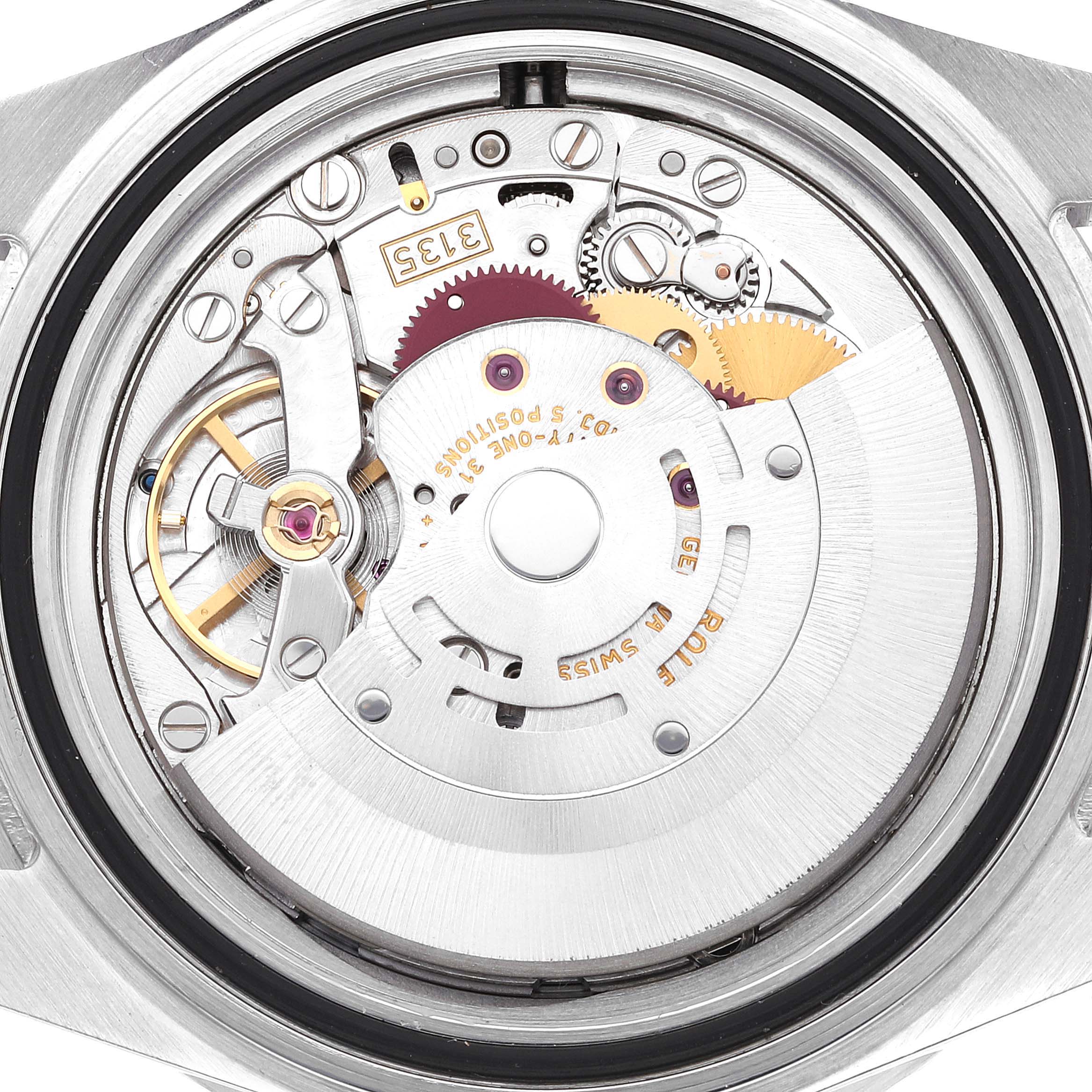 The image shows a close-up shot of the movement inside a Rolex Submariner 16610 Men's Stainless Steel Black Dial 16610 Men's Stainless Steel Black Dial watch from the back case angle.