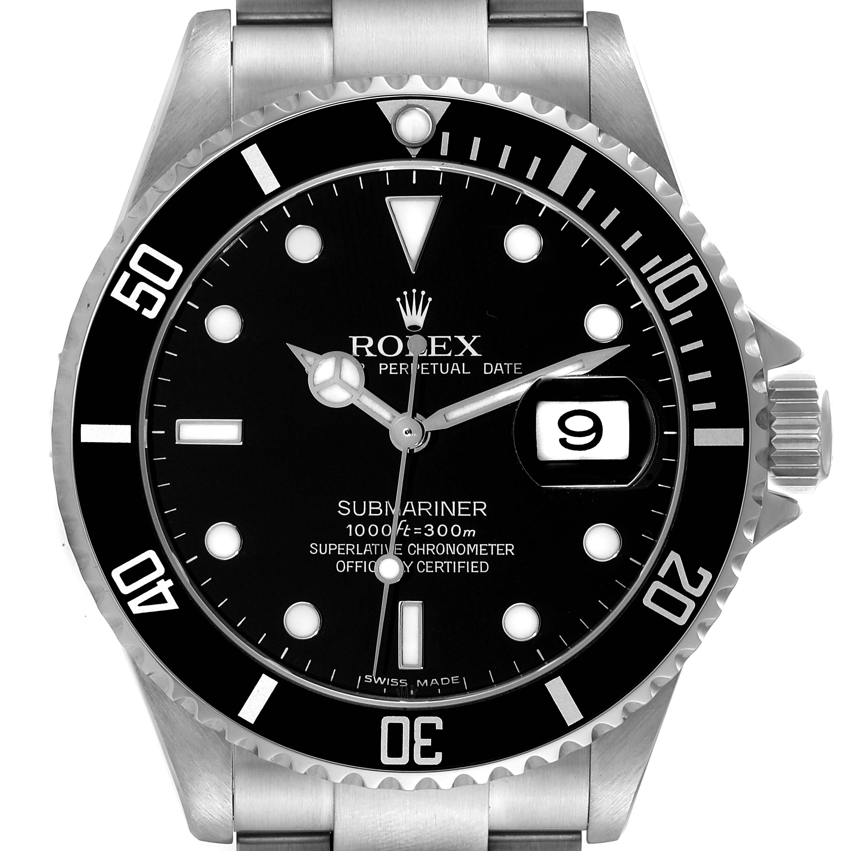 The image shows a front view of the Rolex Submariner 16610 Men's Stainless Steel Black Dial 16610 Men's Stainless Steel Black Dial watch, displaying its face, bezel, and part of the bracelet.