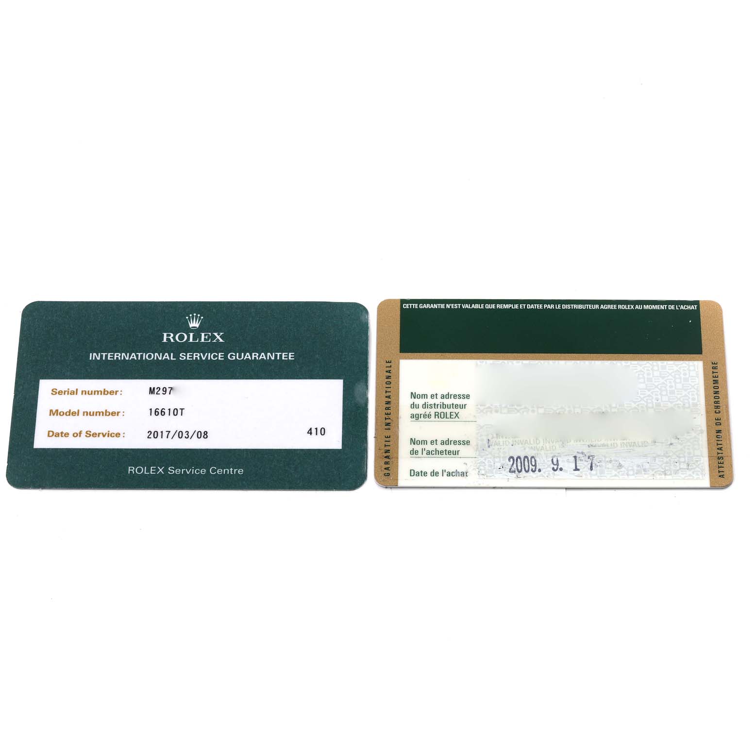 The image shows the international service guarantee card and purchase guarantee card for a Rolex Submariner 16610 Men's Stainless Steel Black Dial 16610 Men's Stainless Steel Black Dial model 16610T.