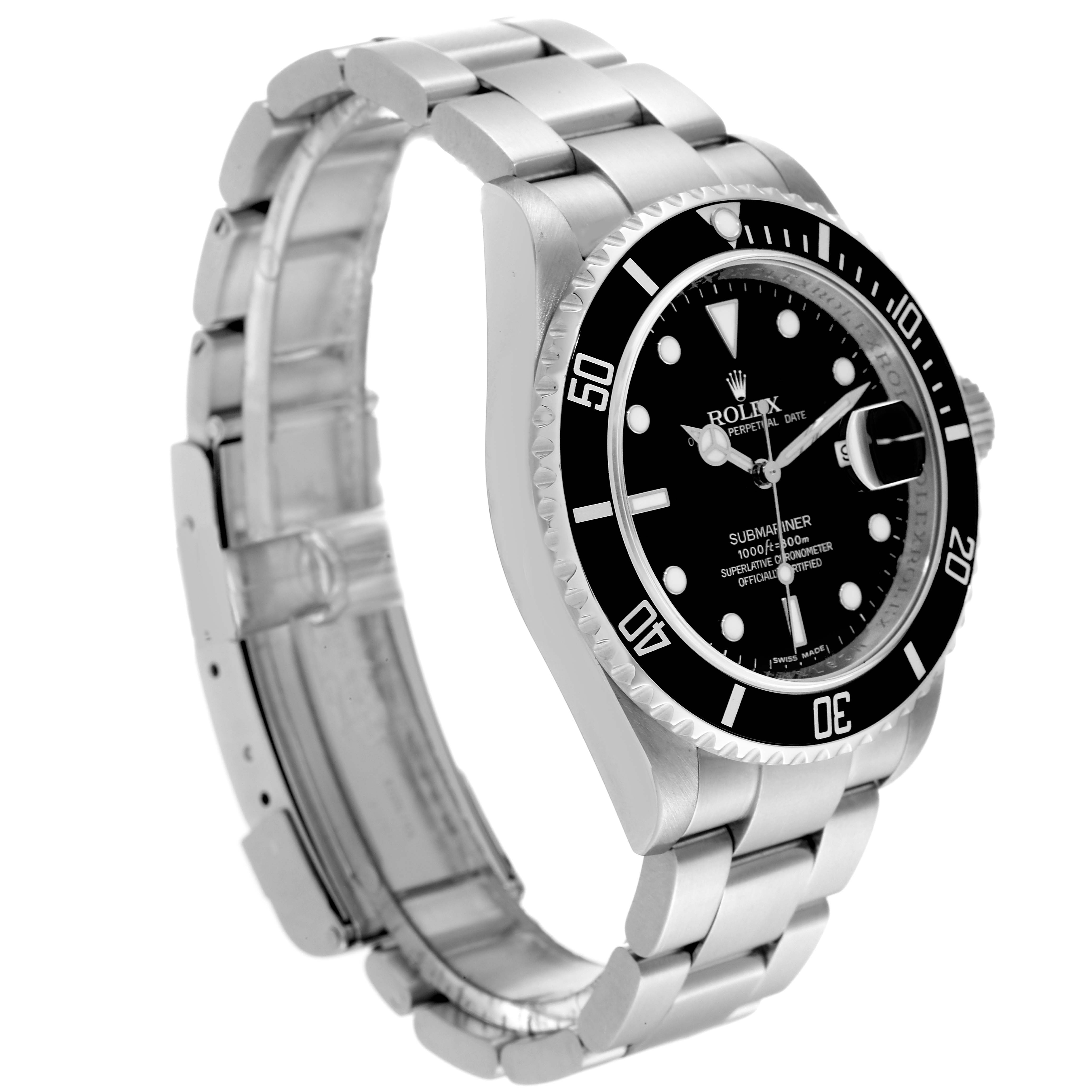 This image shows a Rolex Submariner 16610 Men's Stainless Steel Black Dial 16610 Men's Stainless Steel Black Dial watch angled to display the face, bezel, and part of the bracelet.