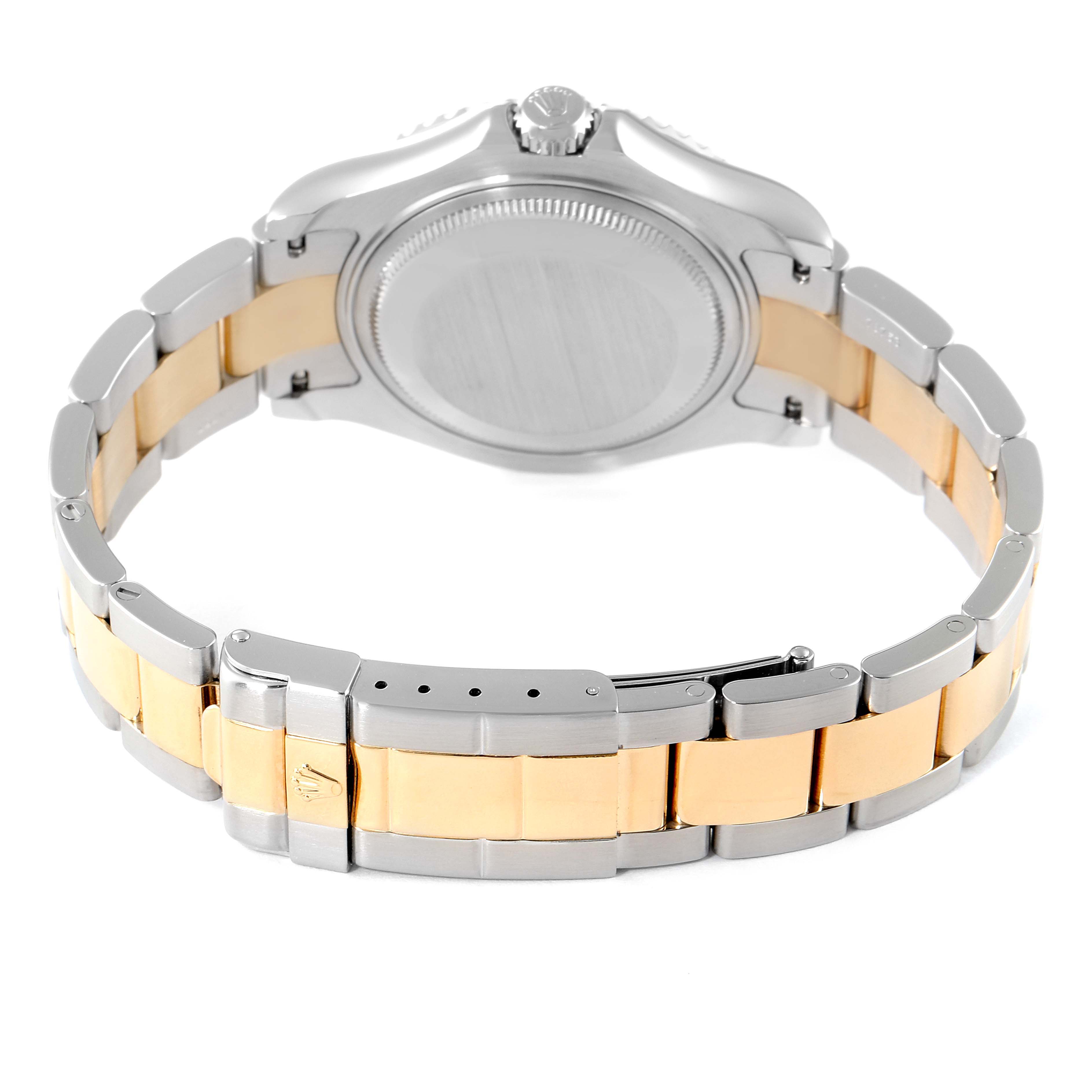 The image shows the back and bracelet of a Rolex Yacht-Master 168623 Men
s Steel and Gold (two tone) Grey Dial 168623 Men
s Steel and Gold (two tone) Grey Dial watch, highlighting its clasp and case back.