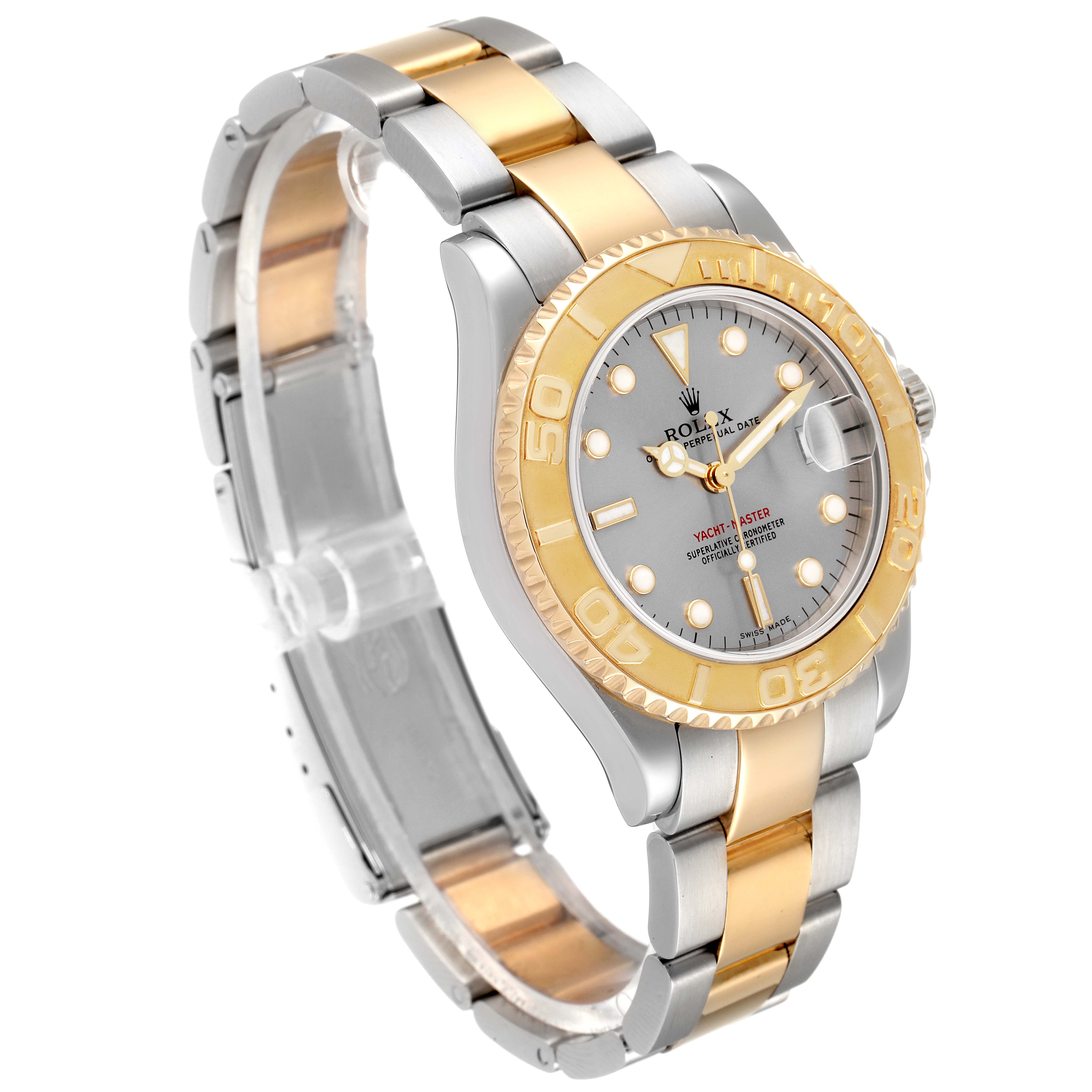 The image shows a Rolex Yacht-Master 168623 Men
s Steel and Gold (two tone) Grey Dial 168623 Men
s Steel and Gold (two tone) Grey Dial watch at a slight angle, displaying the bezel, dial, and part of the bracelet.