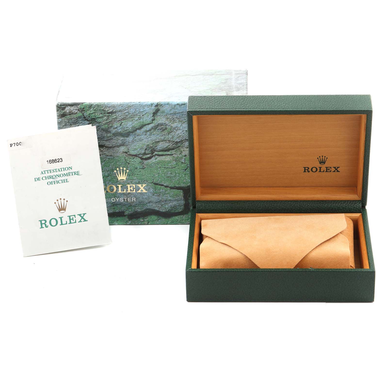 The image shows the Rolex Yacht-Master 168623 Men
s Steel and Gold (two tone) Grey Dial 168623 Men
s Steel and Gold (two tone) Grey Dial watch box, documentation, and outer packaging.