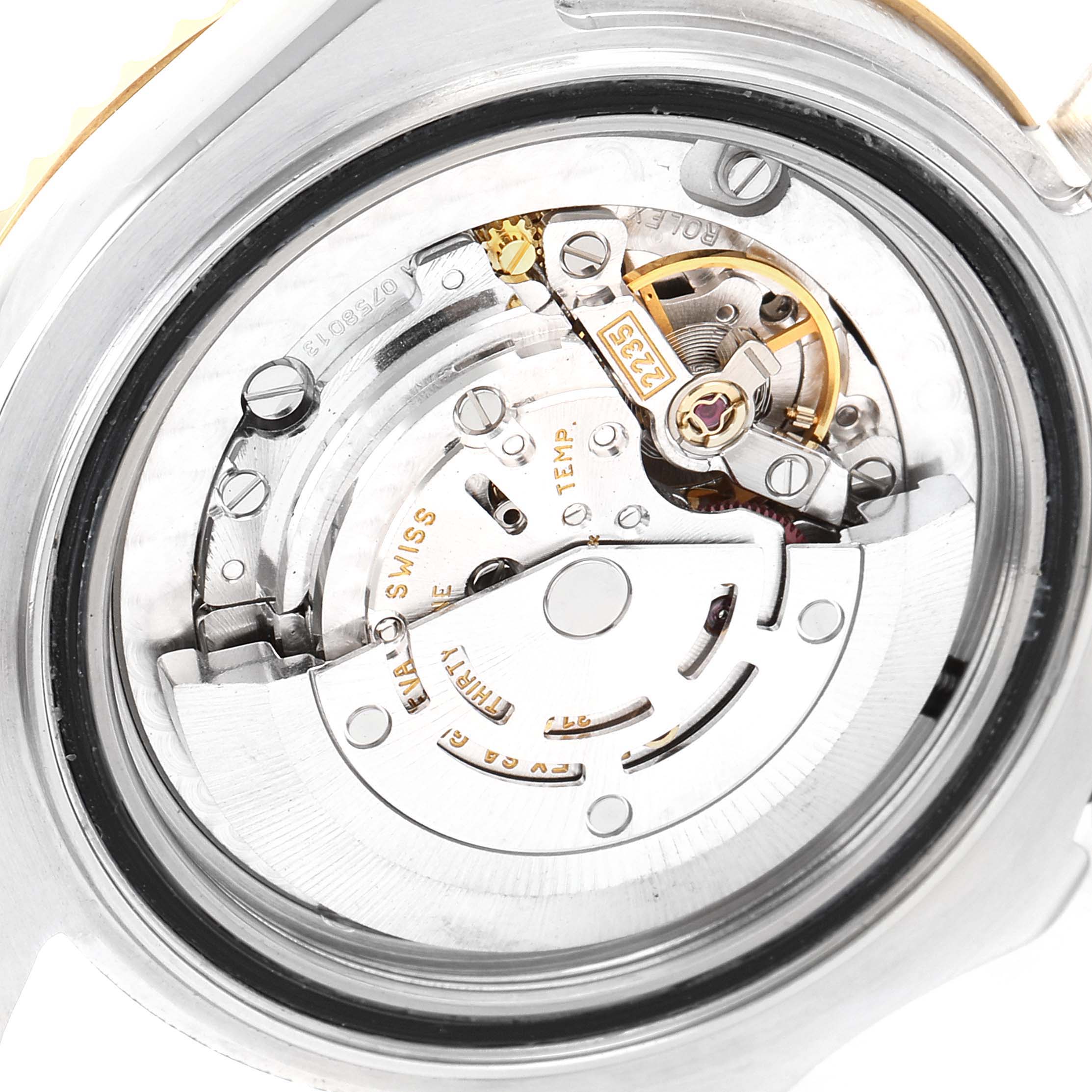 This image shows the internal movement mechanism of a Rolex Yacht-Master 168623 Men
s Steel and Gold (two tone) Grey Dial 168623 Men
s Steel and Gold (two tone) Grey Dial watch from a rear angle.