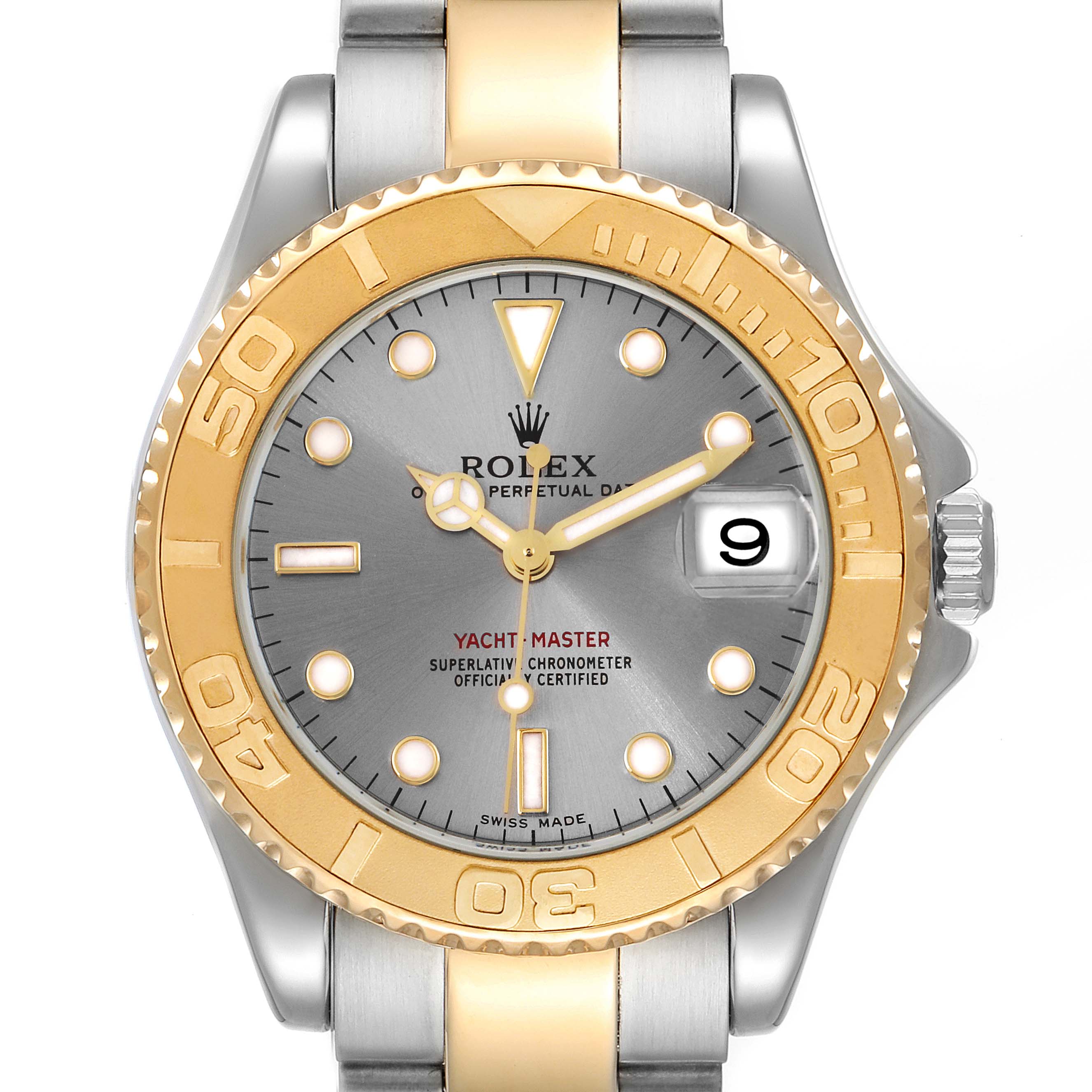 This is a front view of a Rolex Yacht-Master 168623 Men
s Steel and Gold (two tone) Grey Dial 168623 Men
s Steel and Gold (two tone) Grey Dial watch, showing the dial, bezel, and part of the stainless steel and gold bracelet.