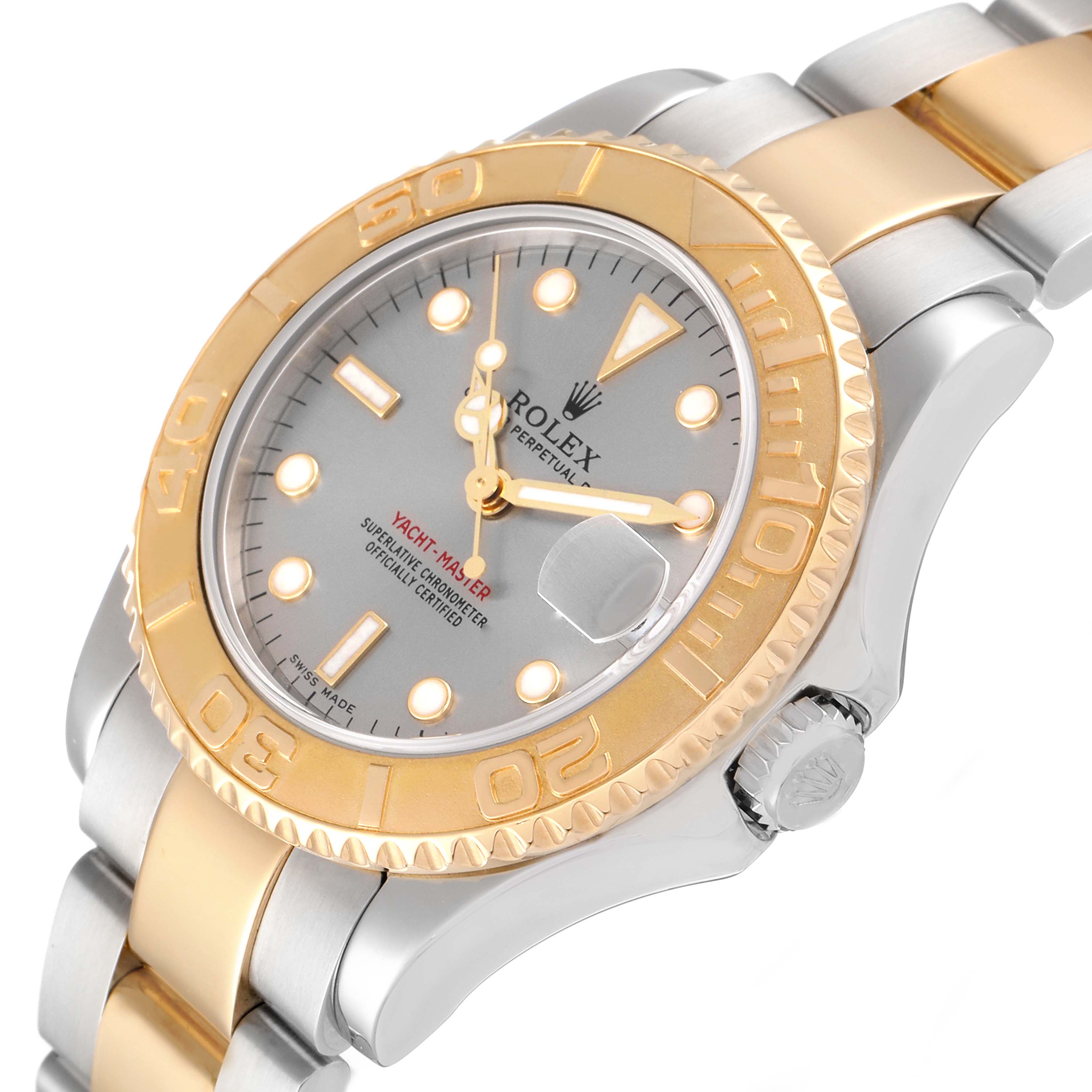 The Rolex Yacht-Master 168623 Men
s Steel and Gold (two tone) Grey Dial 168623 Men
s Steel and Gold (two tone) Grey Dial watch is shown at an angled view highlighting the dial, bezel, bracelet, and crown.